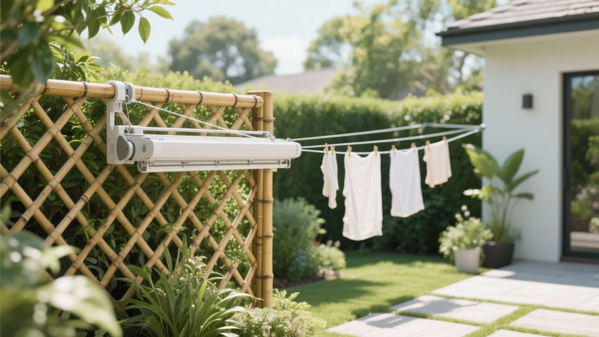 Retractable clothesline attached to a bamboo fence with white laundry hanging in a sunny garden