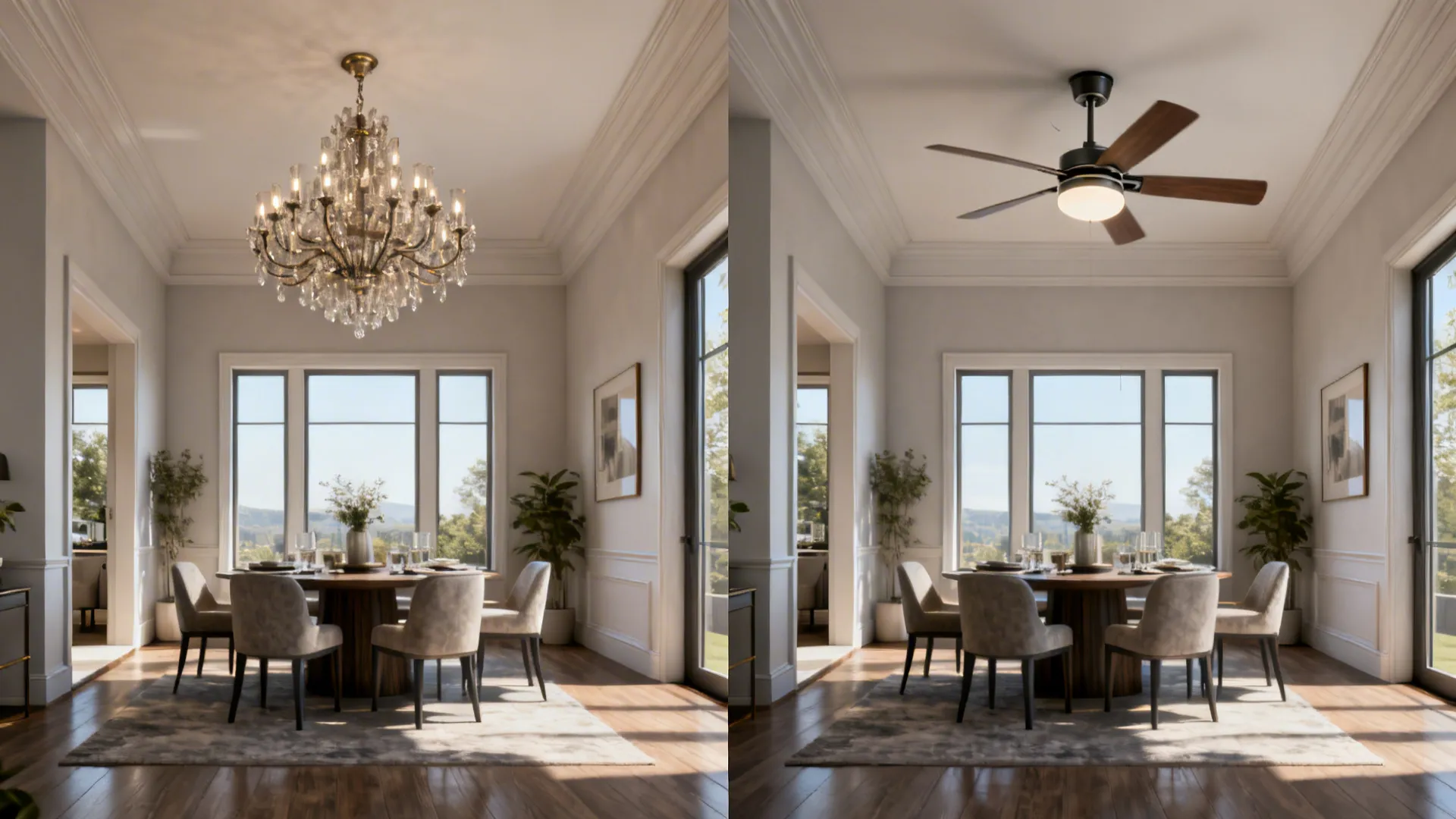 Before-and-after of a dining alcove replaced by a retractable-blade fan with central light.