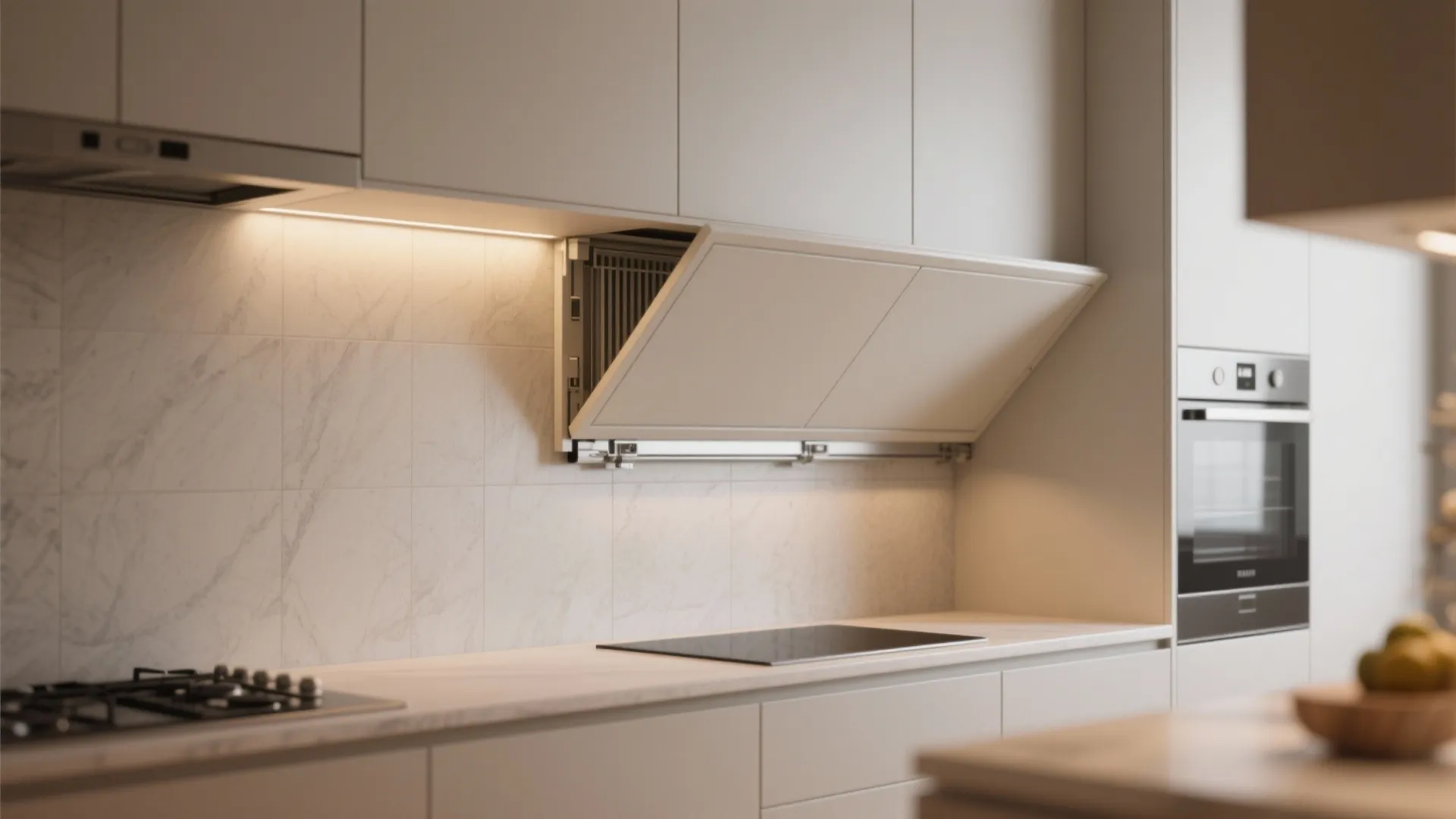 Modern white kitchen with retractable vent panel open above a black gas stove and oven