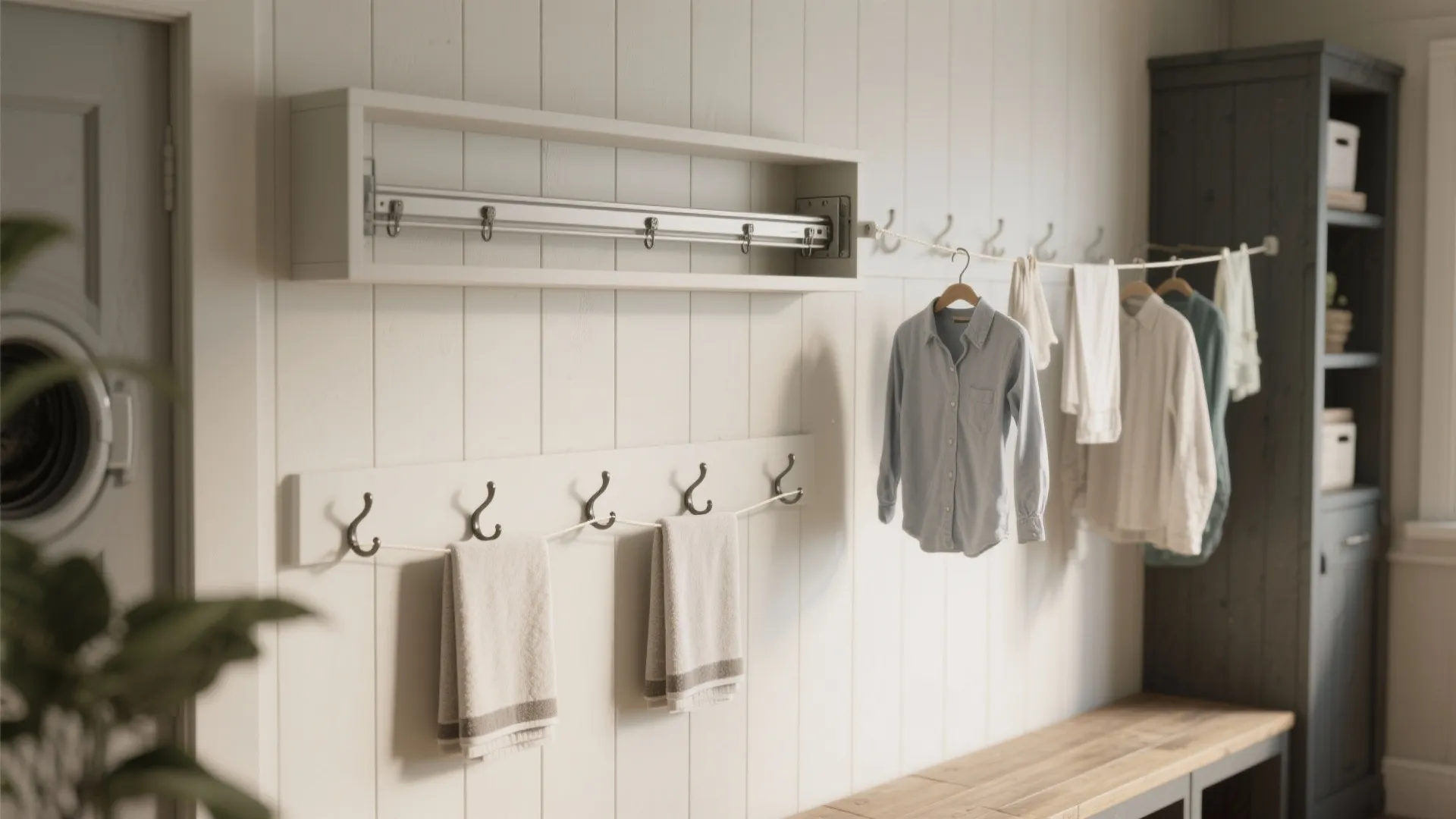 Retractable clothesline wall mount with hanging shirts and towels in a clean laundry room setup