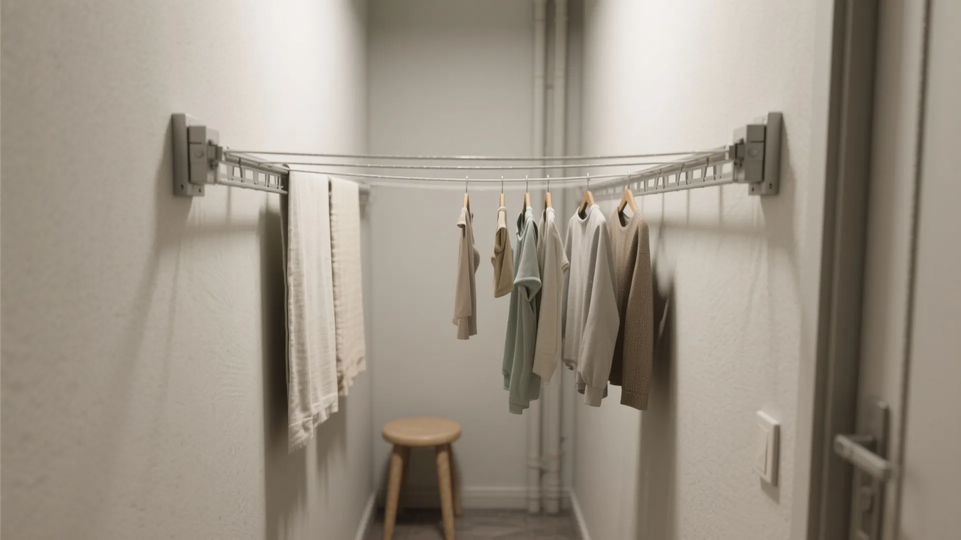 Retractable wall-to-wall clothesline mounted between two walls with garments hanging and housing tucked away.