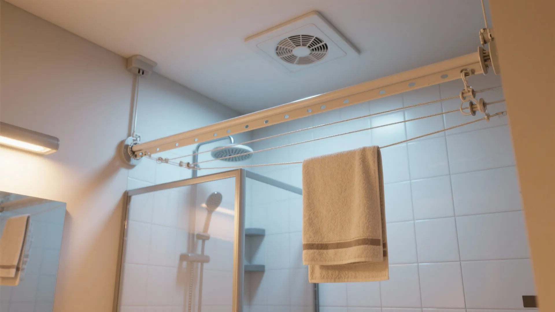 Modern white bathroom featuring a retractable laundry drying line with one beige towel hanging over