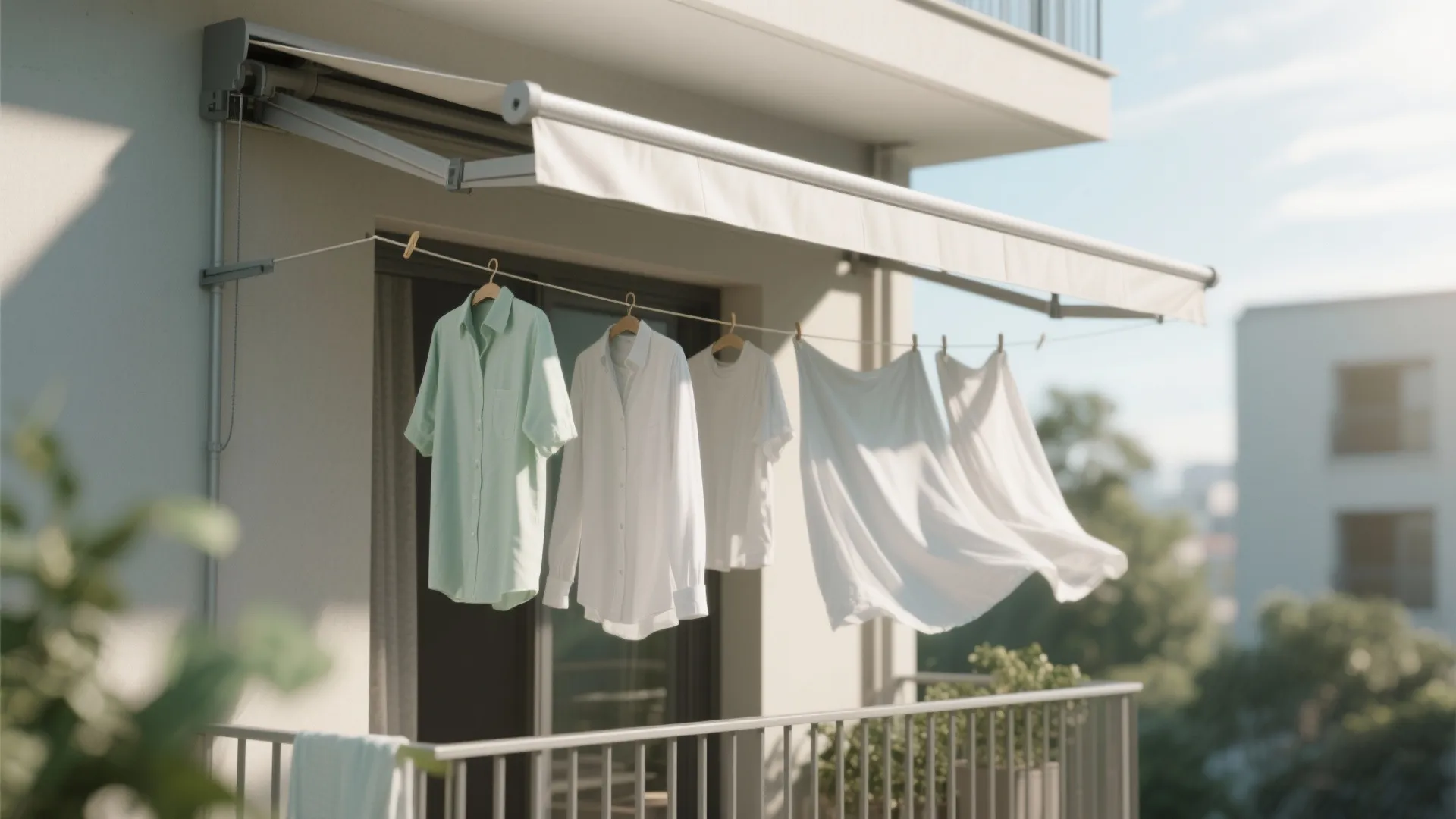 Outdoor balcony laundry drying area with white clothes hanging on clotheslines under a retractable awning