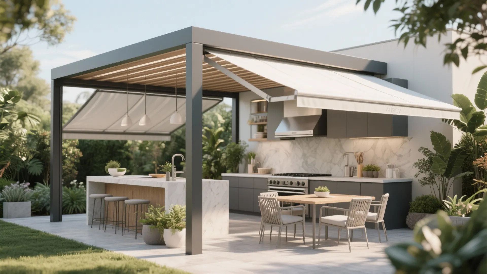 Outdoor kitchen with retractable pergola partially open
