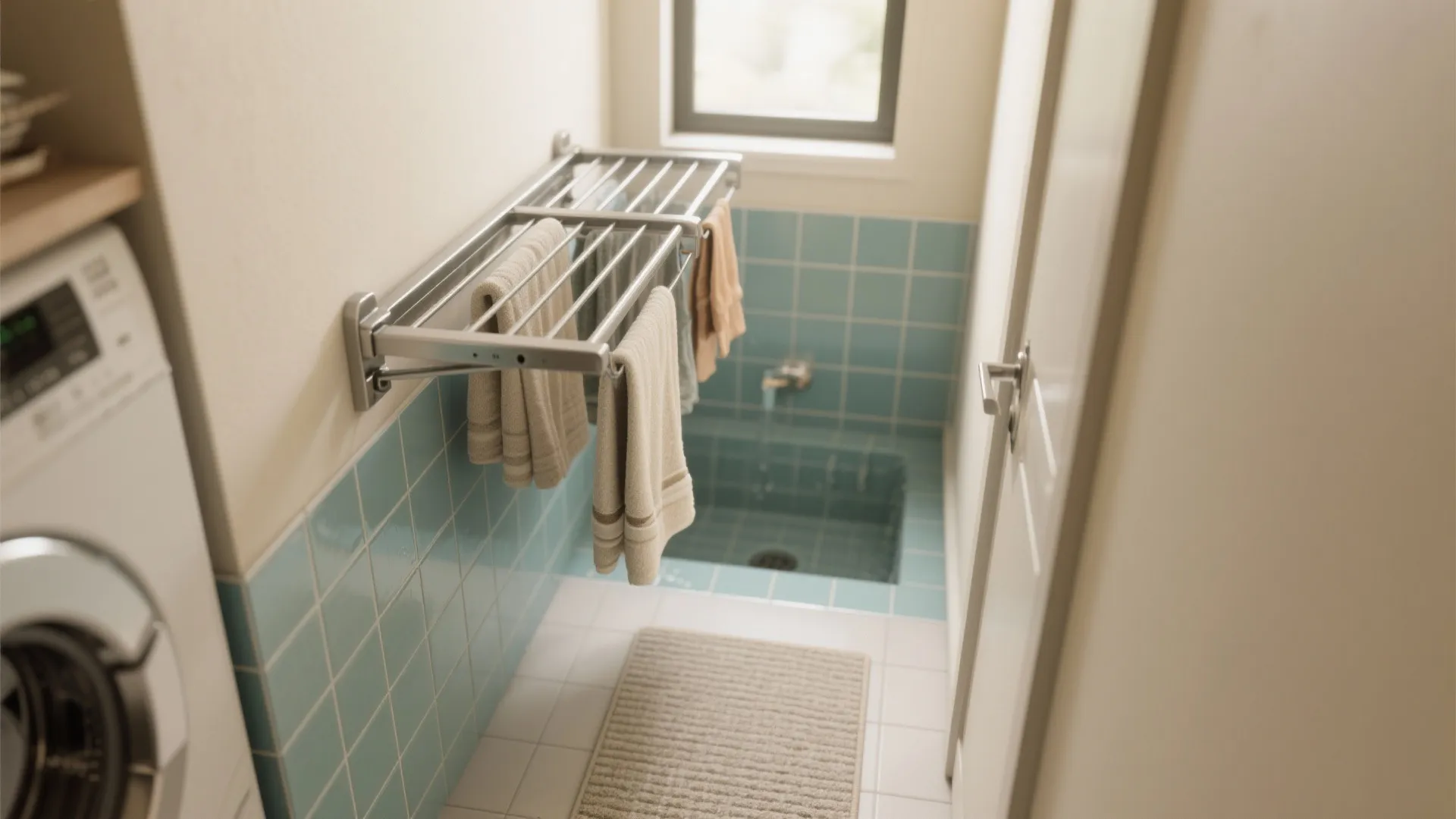 Small laundry area with blue tiles showing a metal wall rack holding several clean white towels