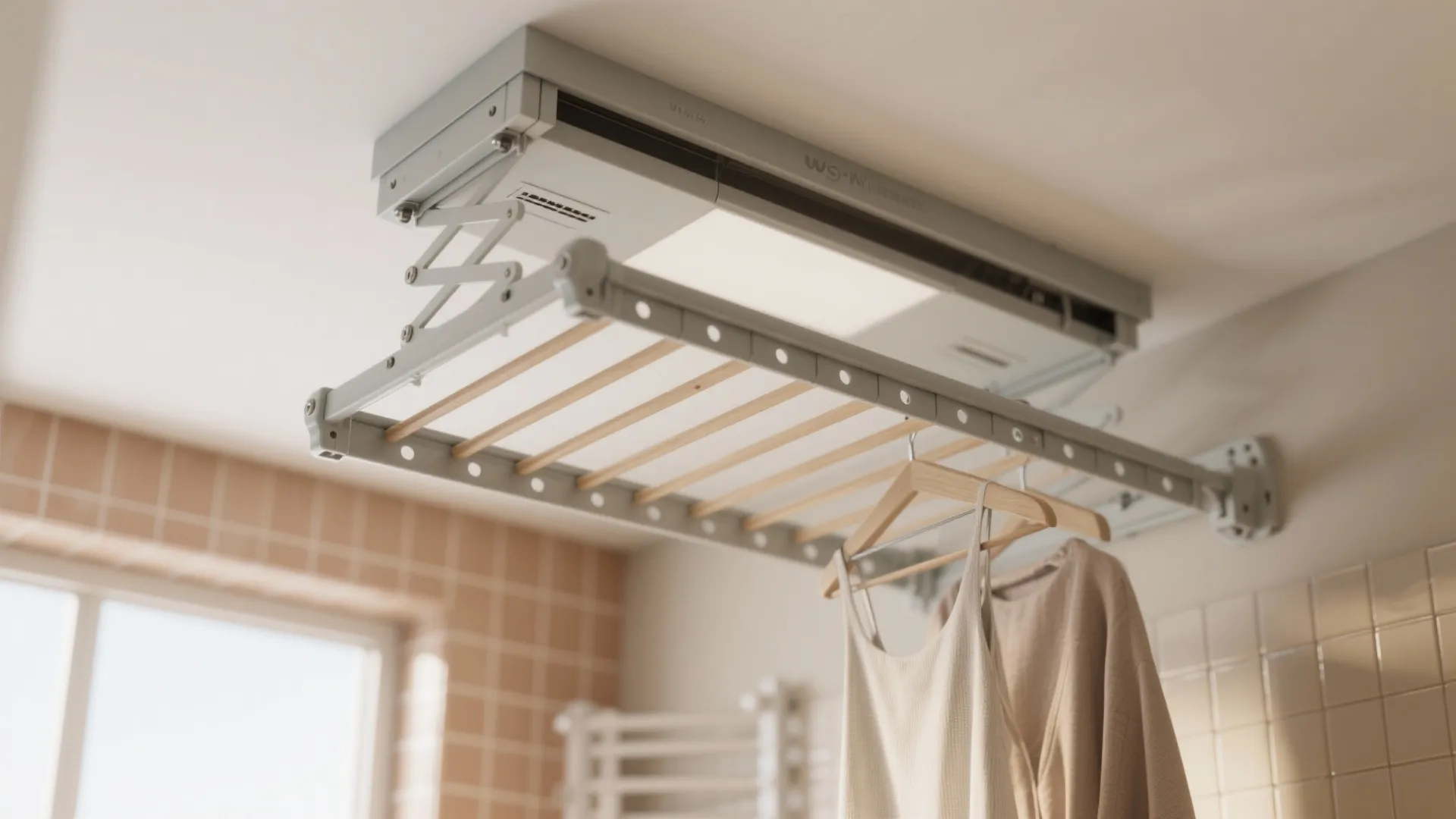 Automatic ceiling laundry rack with clothes on wooden hangers in a modern balcony drying area