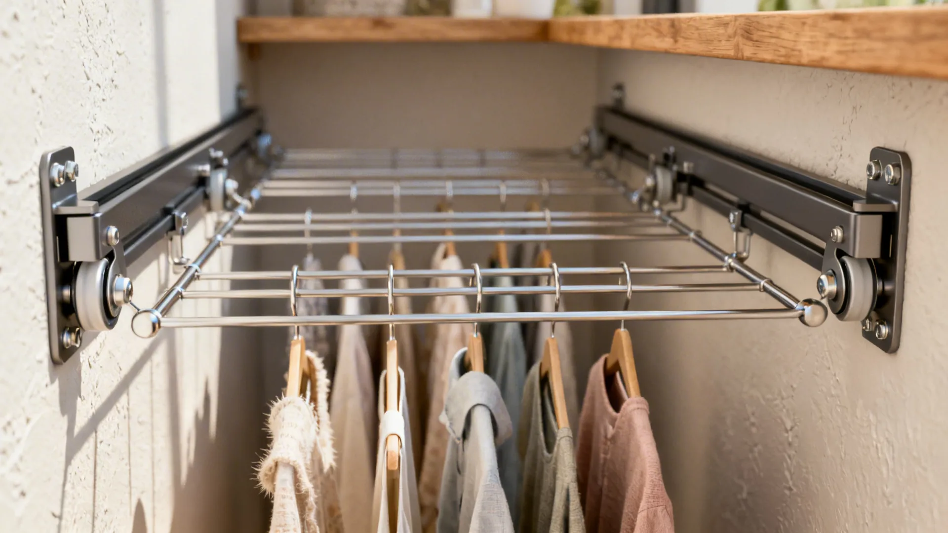 Close-up of a multi-tier retractable drying rack pulled down with garments hanging in a narrow laundry area.