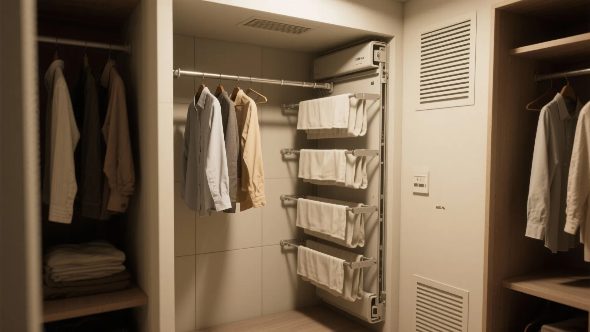 Walk in closet interior design showing hanging shirts and a vertical pull out towel rack system