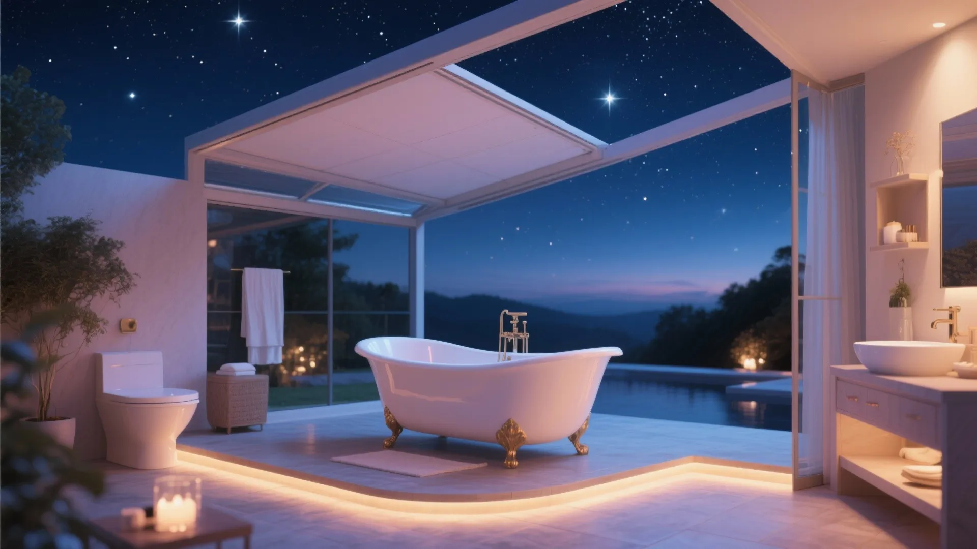 Luxury open bathroom with white bathtub under a starry night sky and retractable glass roof