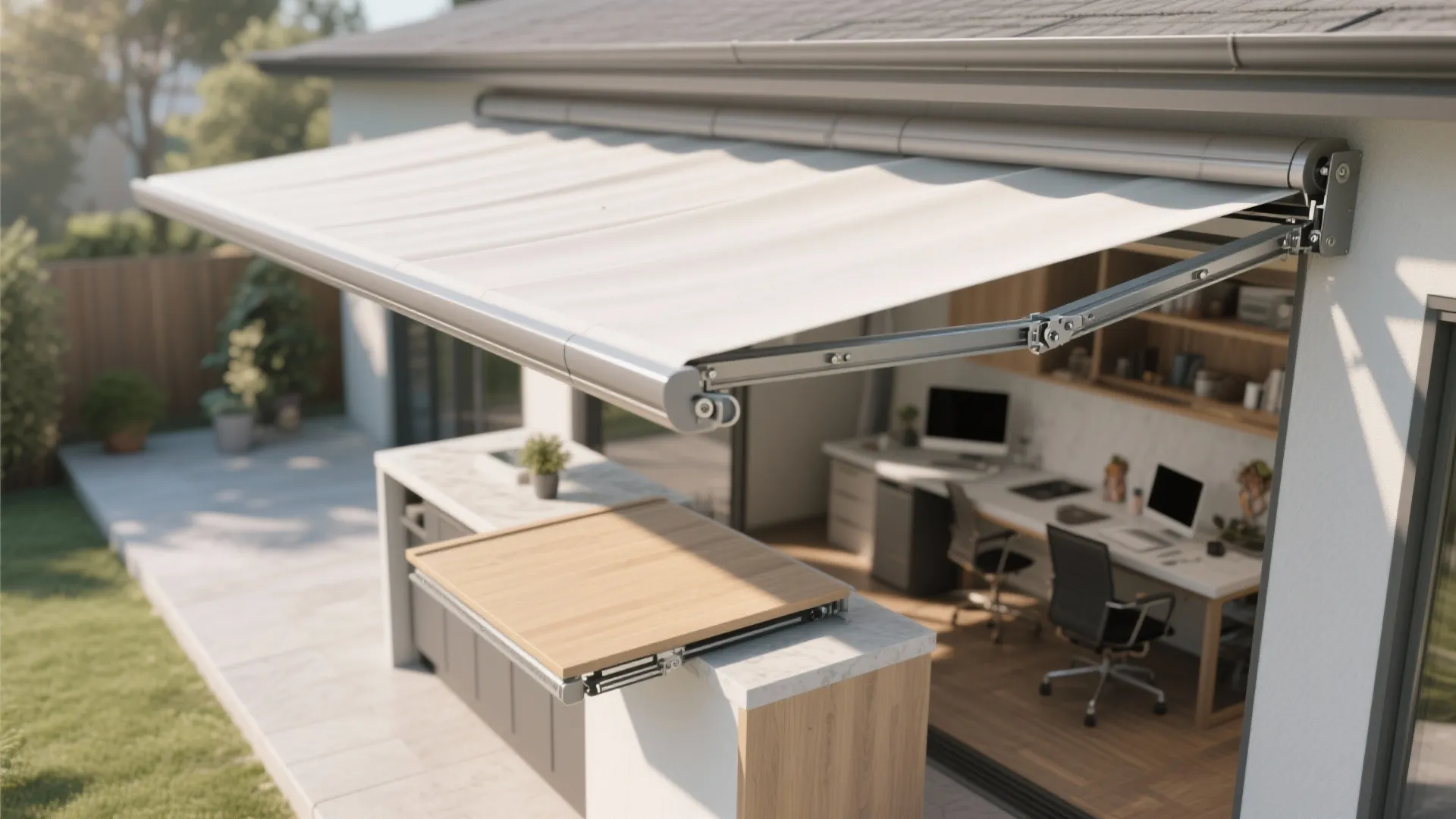 4. Retractable Roof Pergola with Fold-Down Counter