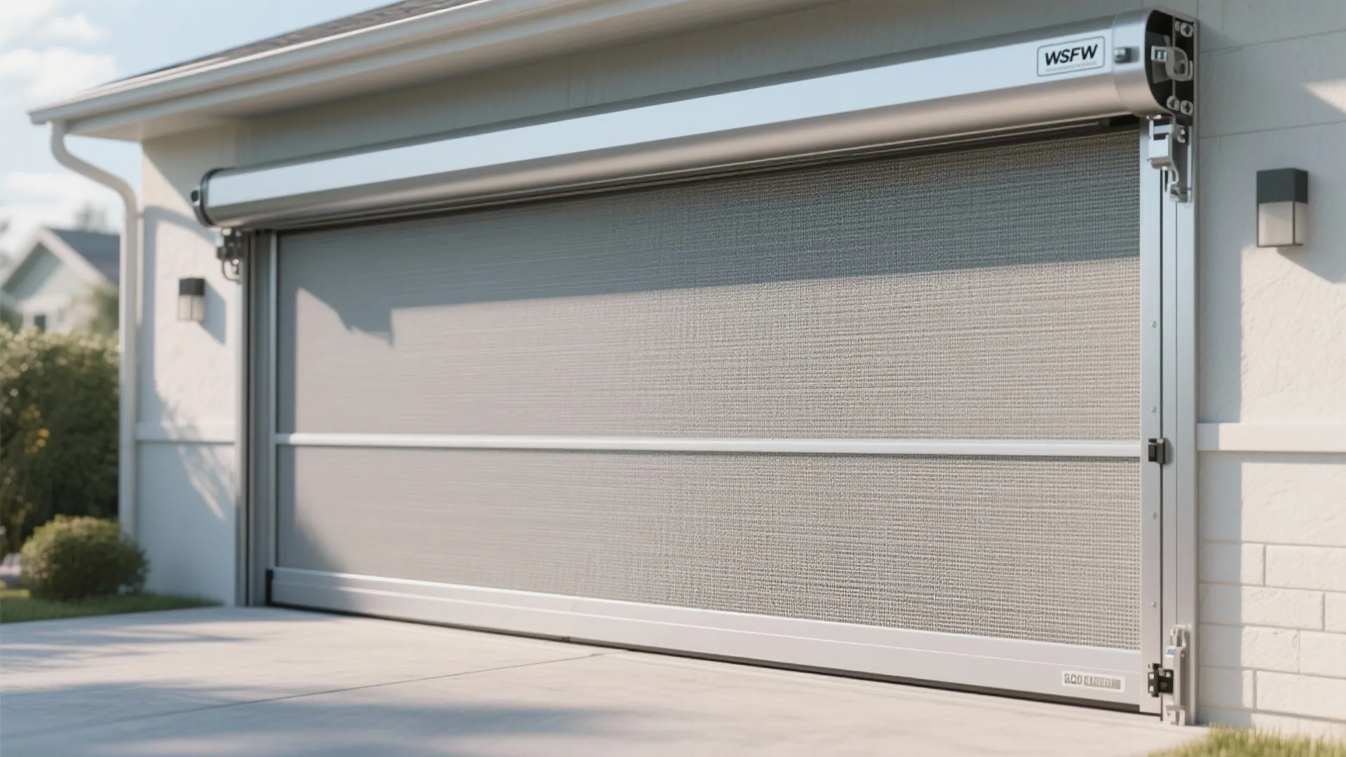 Large retractable motorized mesh screen installed on a white garage door opening for modern home protection