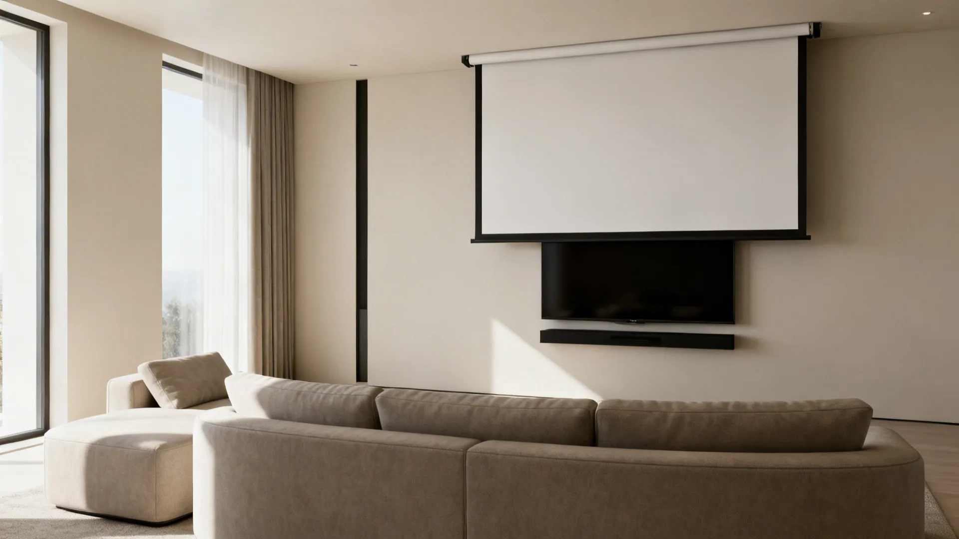 Retractable projection screen lowered above a TV in a compact living room.