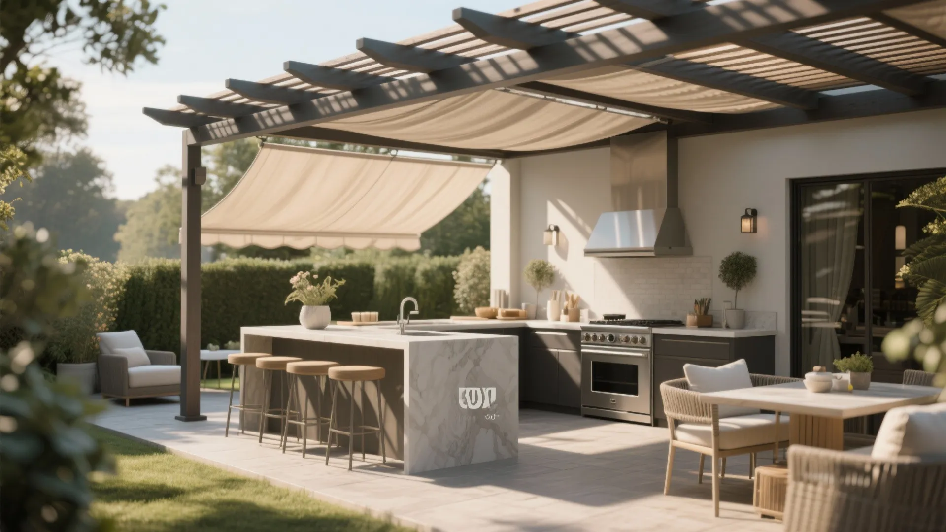 Outdoor kitchen with marble island stools sun shade cover dining table and grey cabinets in garden