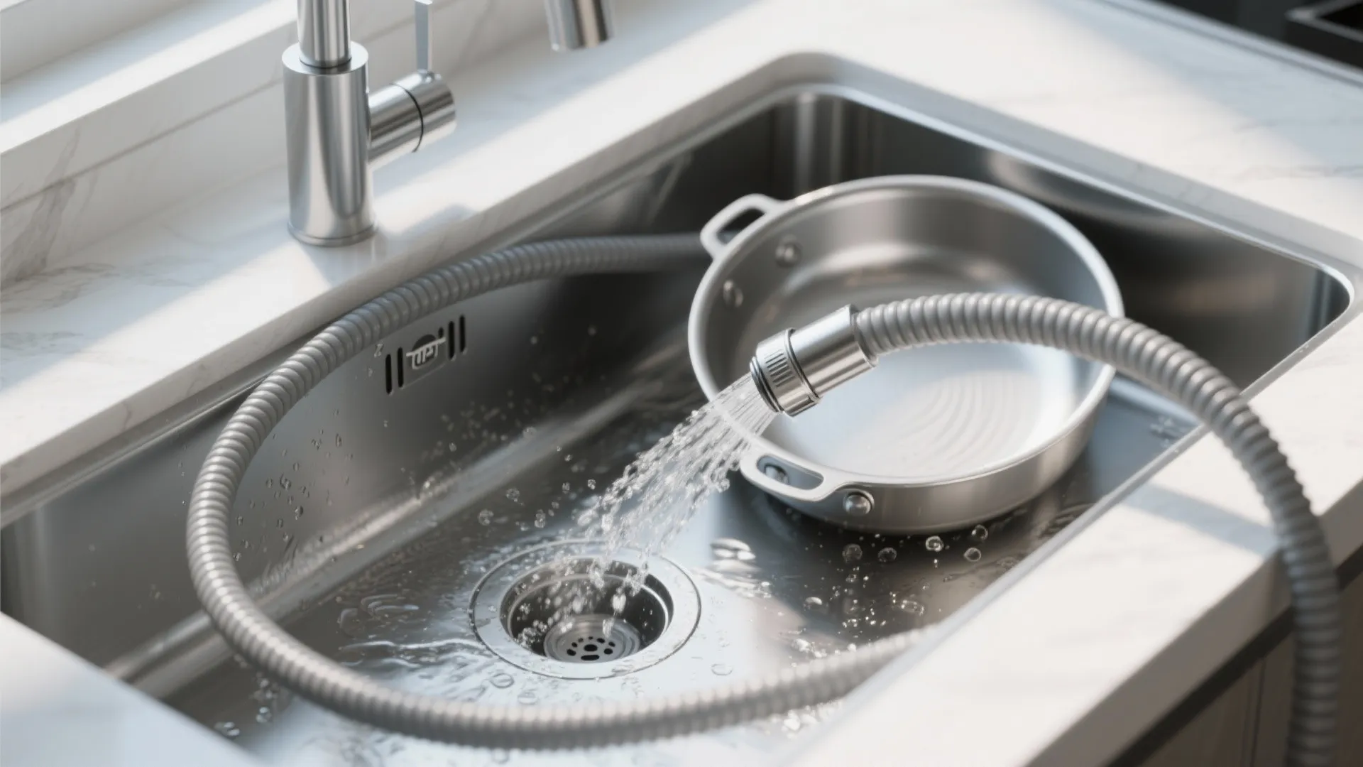Flexible retractable hose spraying water into a stainless steel pot inside a modern kitchen sink