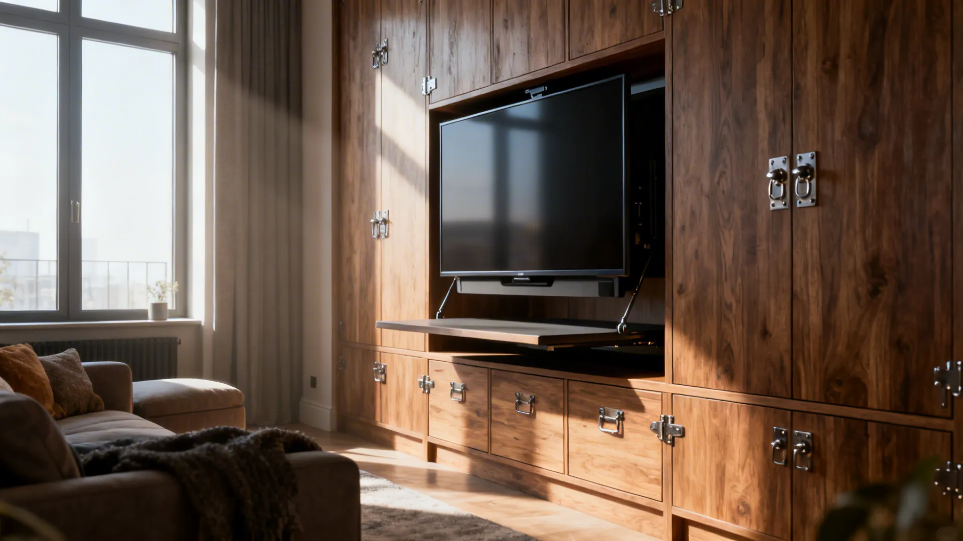 Apartment living area showing a TV rising from a low cabinet lift in front of a window.
