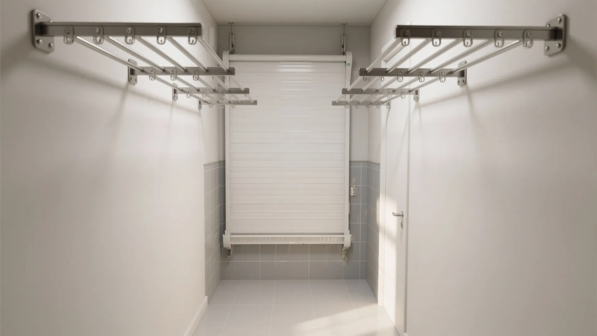 Interior design drawing of white laundry room with metal drying racks and a roll down door