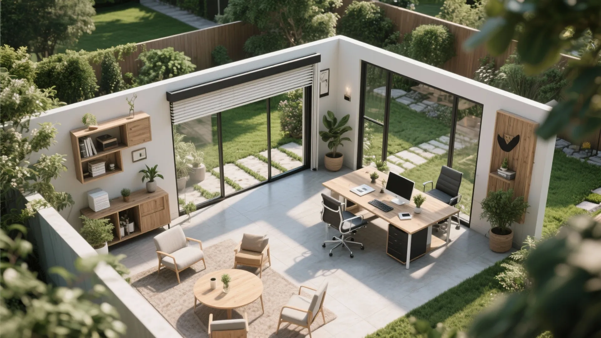 Interior design drawing of backyard office with large windows wooden desk black chairs and white walls