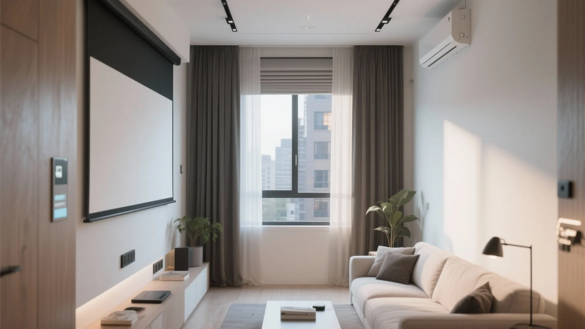 A narrow living room with a roll-down projector screen above the window