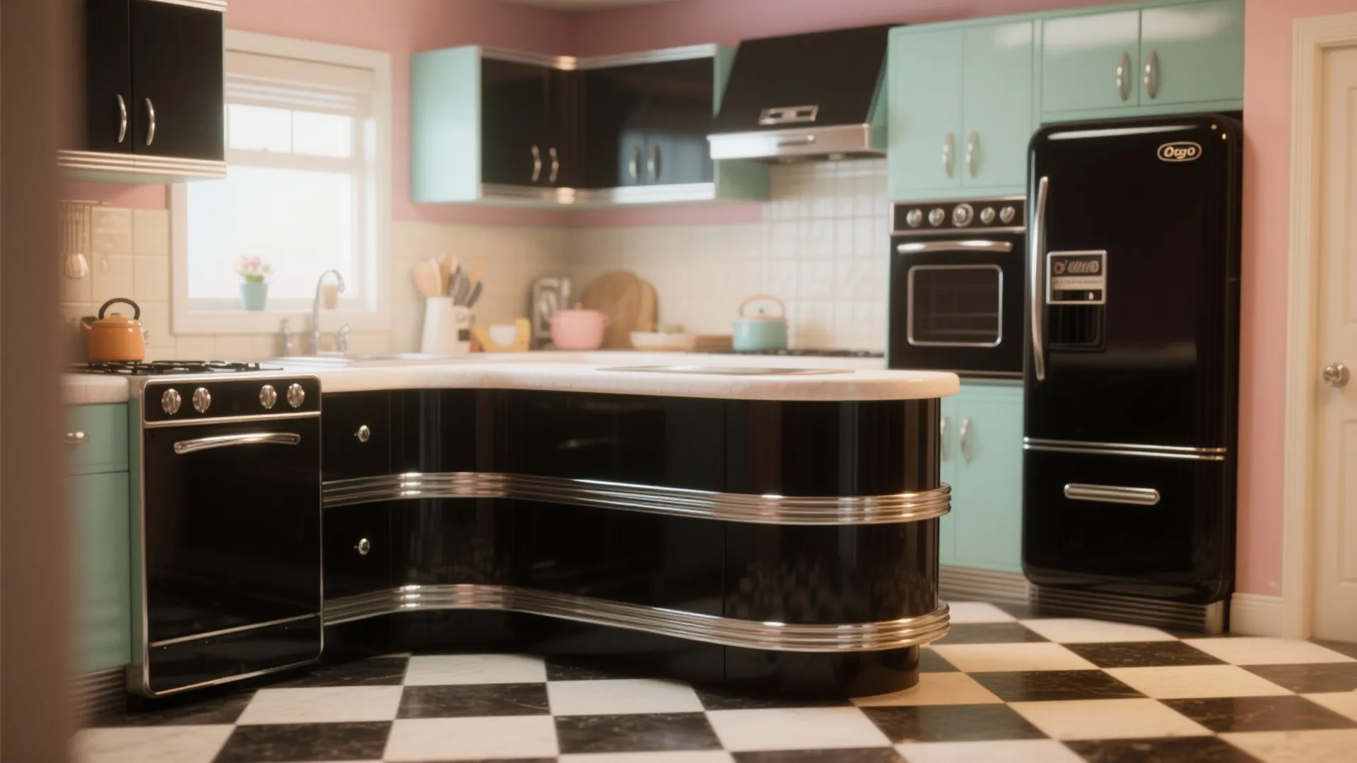 Retro kitchen design with teal cabinets black appliances and a classic black and white floor