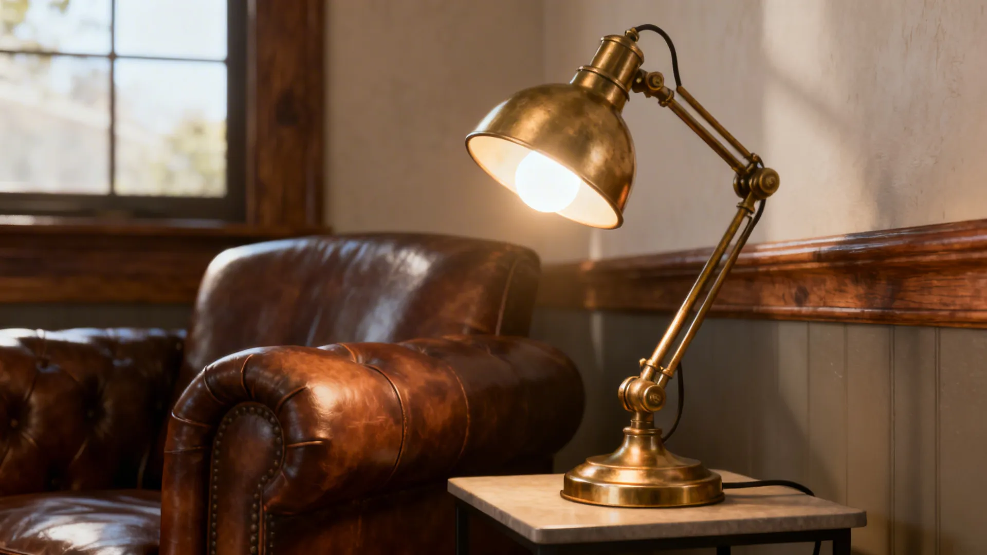 Warm brass task lamp glowing beside a leather chair and wooden table.