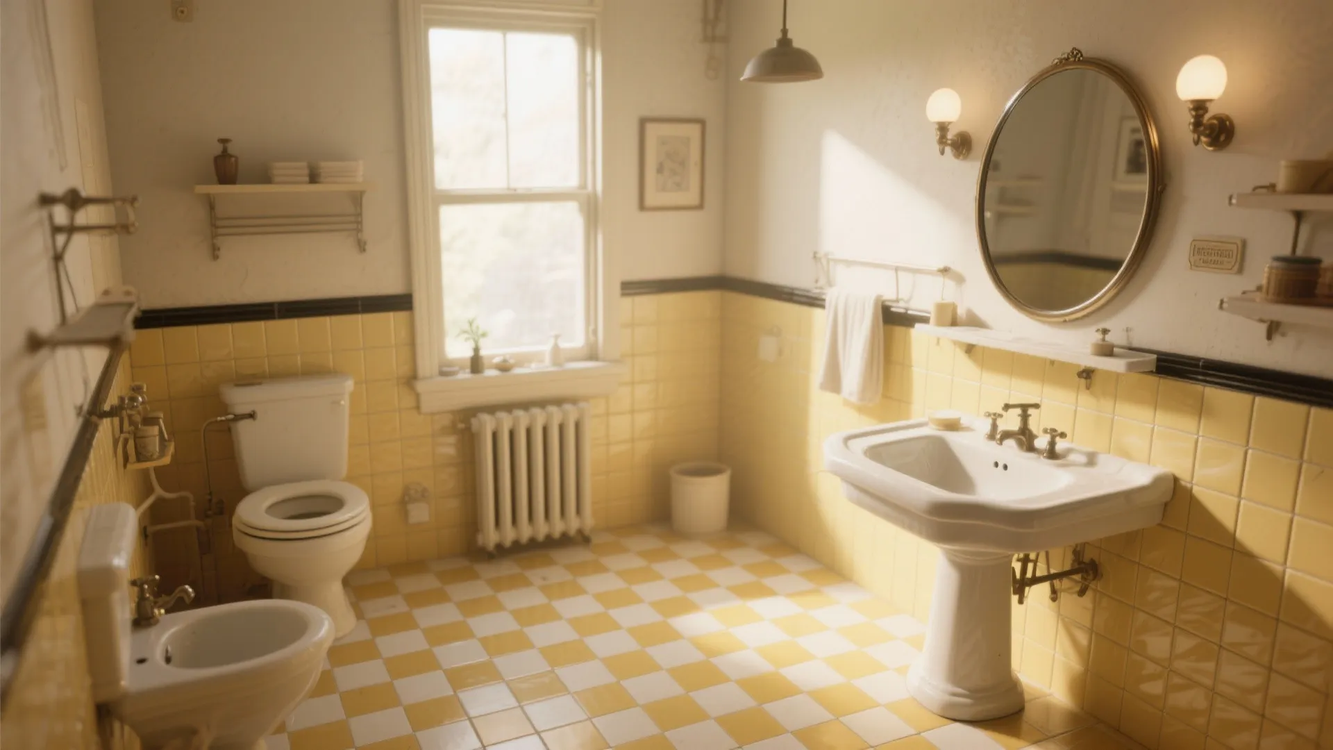 Retro bathroom with yellow checkered floor tiles pedestal sink toilet bidet round mirror and lights
