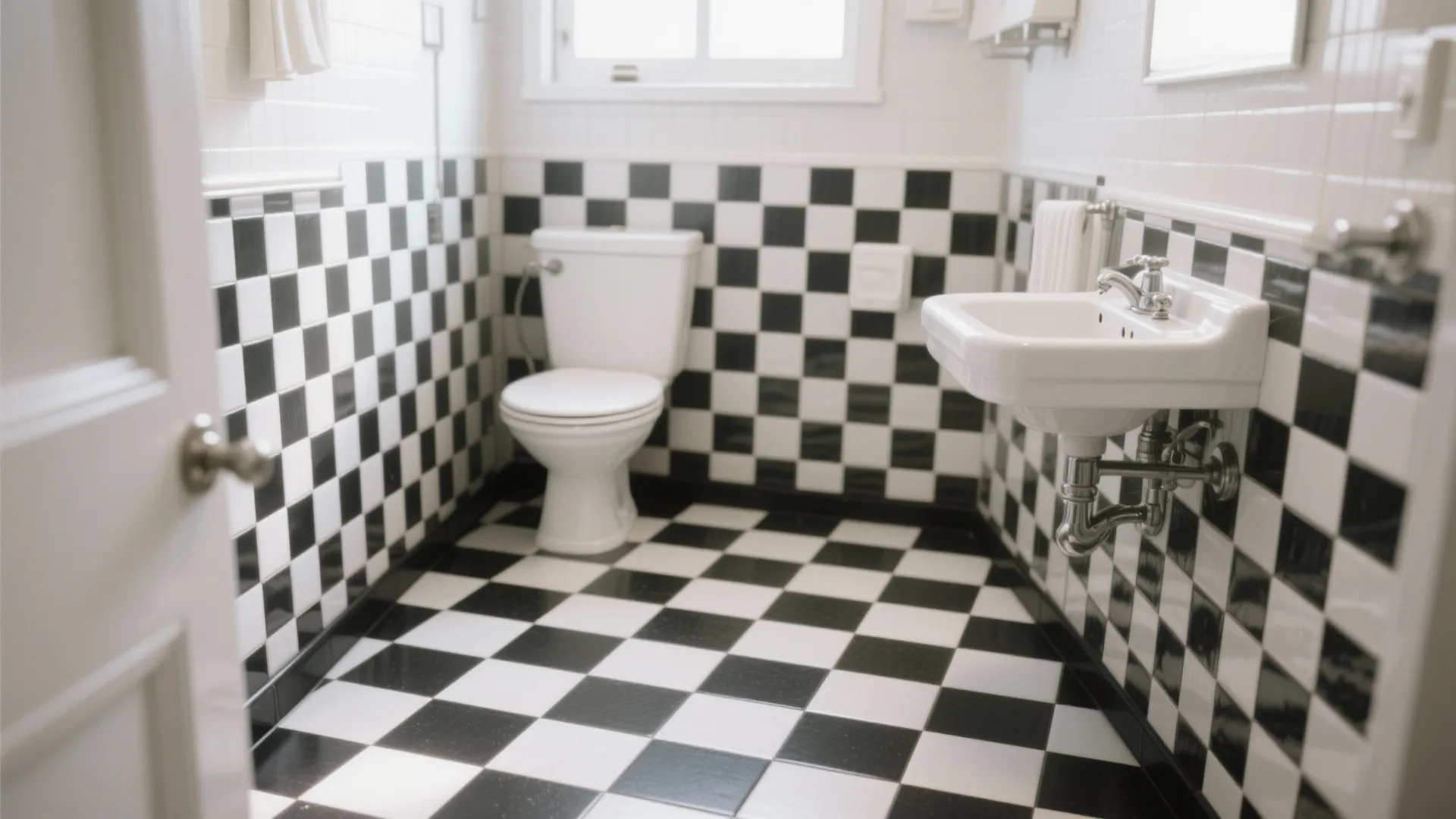 Retro bathroom design featuring black and white checkered floor tiles with matching wall panel and toilet