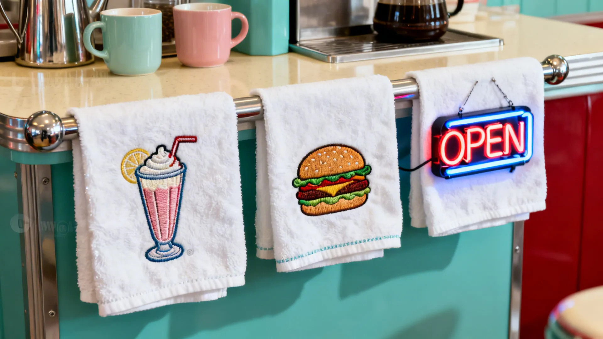 White towels with embroidered milkshake and burger hanging near neon open sign in retro diner