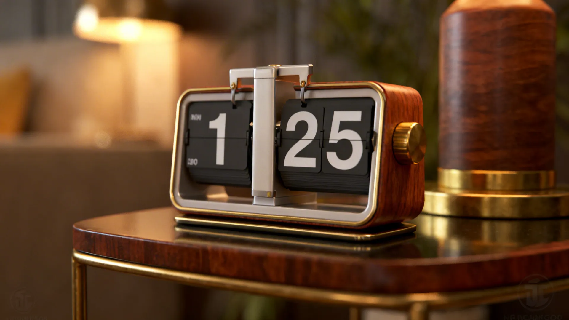 Retro flip-clock with modern mechanism on a mid-century side table with wood and brass accents.