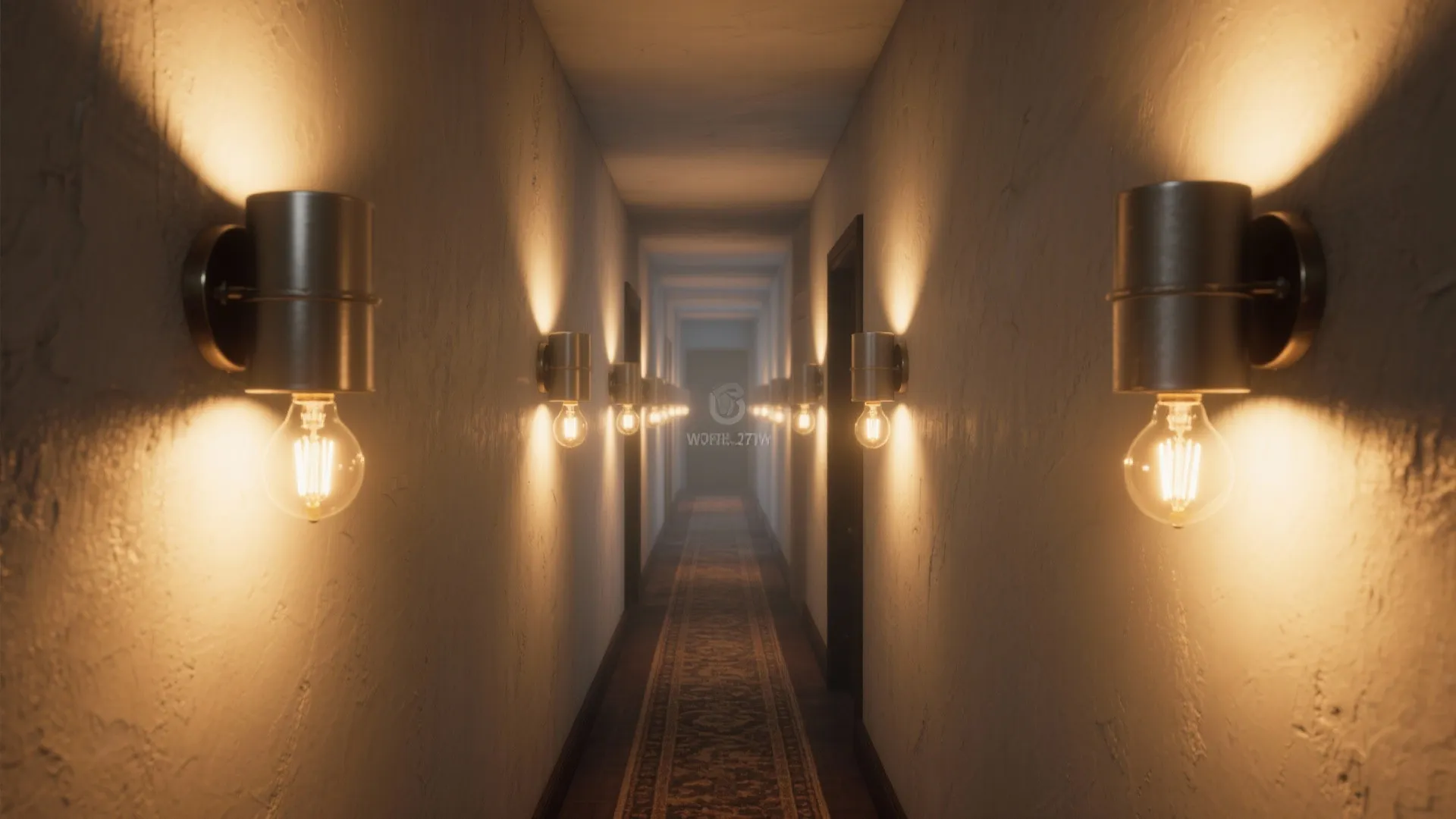 Long vintage hallway with warm wall lights, textured plaster walls, patterned floor rug, and doors