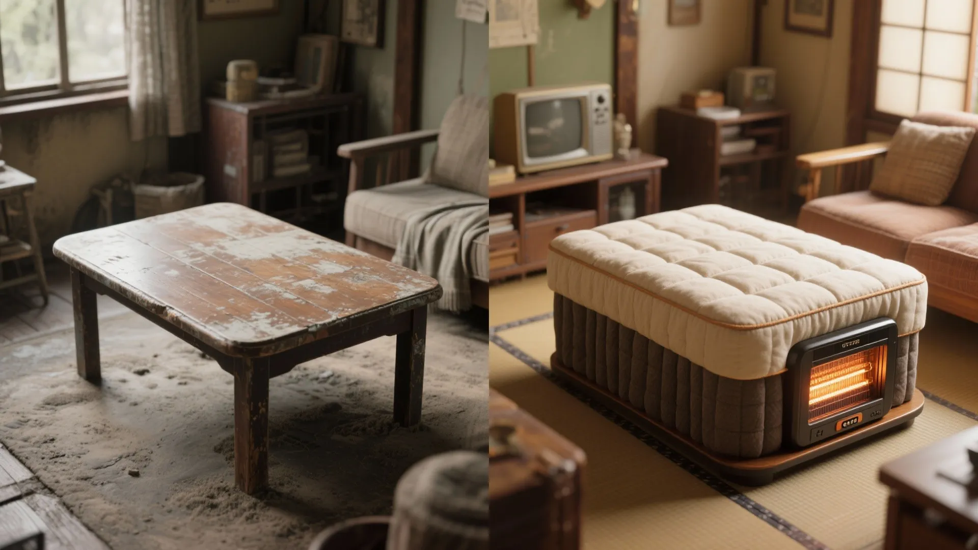 Side by side comparison of an old wooden table versus a modern heated footrest sofa