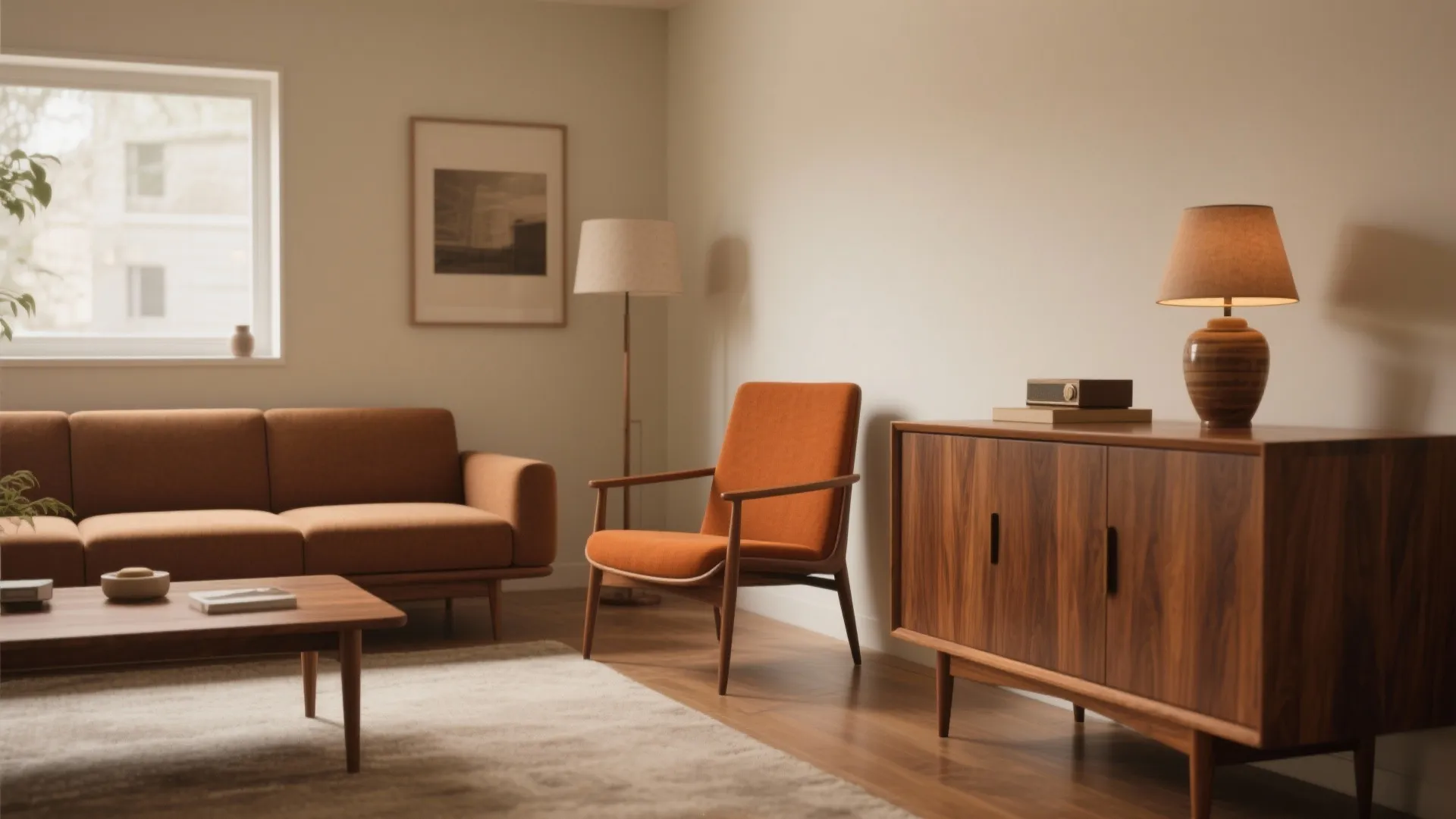 Mid century living room with orange armchair wooden cabinet brown sofa table lamp and rug