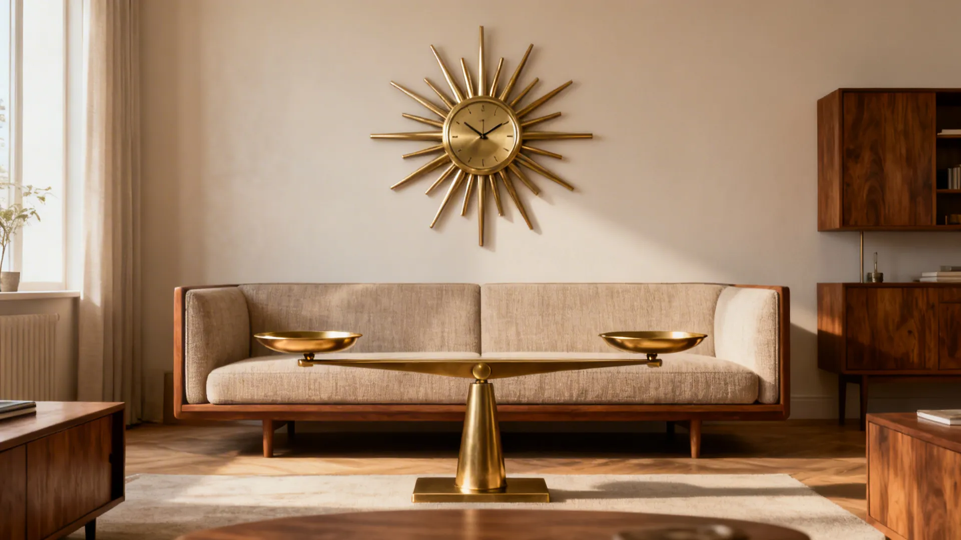 Retro-modern sunburst clock in brushed brass above a low-profile sofa in a mid-century inspired living room.