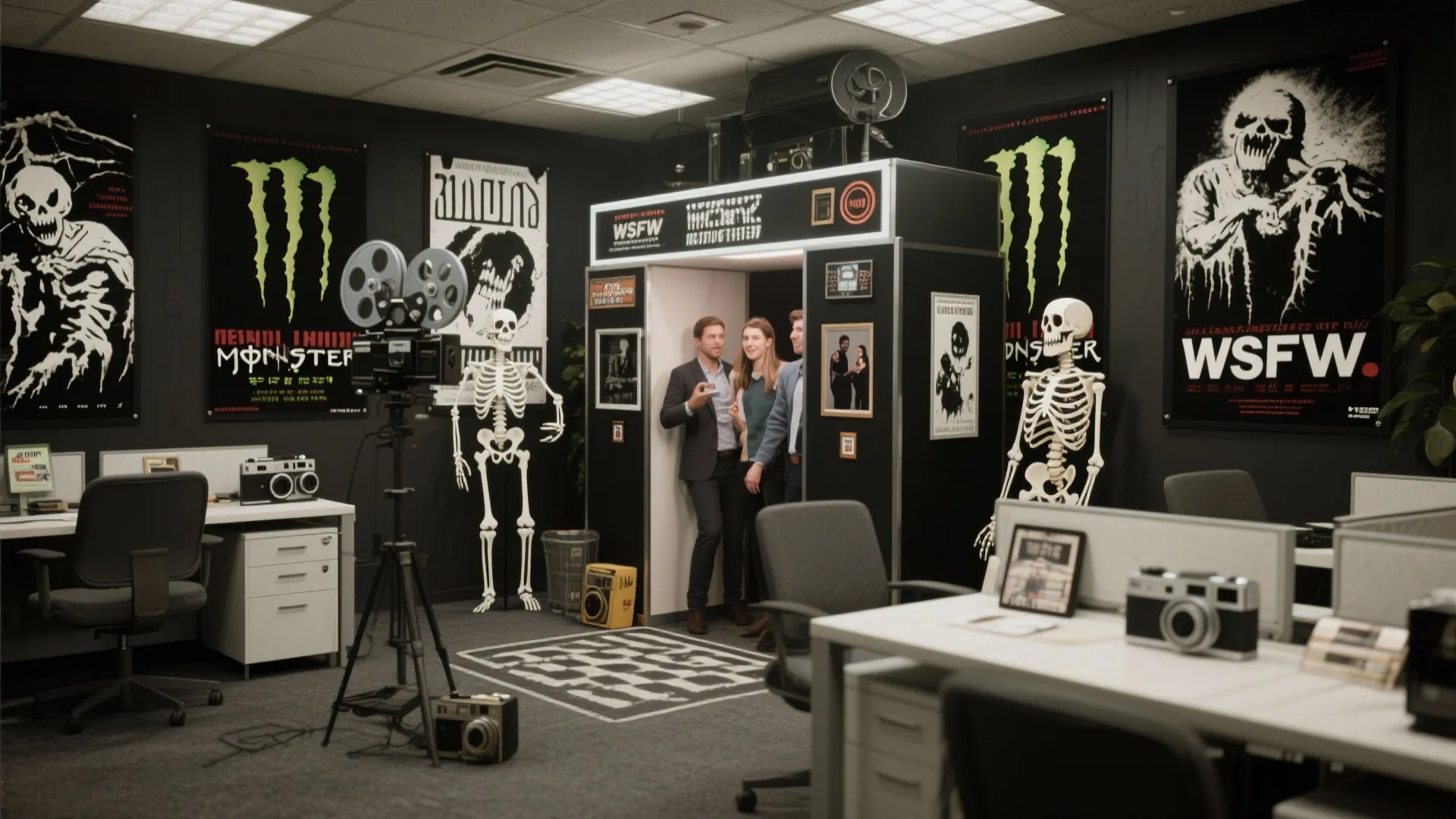 Office styled as a retro monster movie set with vintage decor