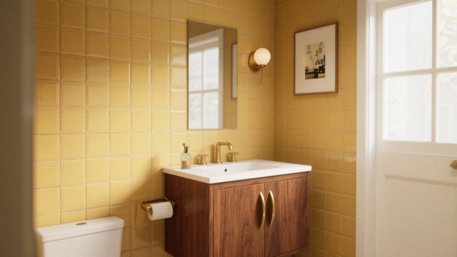 Mid-Century Vibes: Retro Mustard Tiles with Walnut