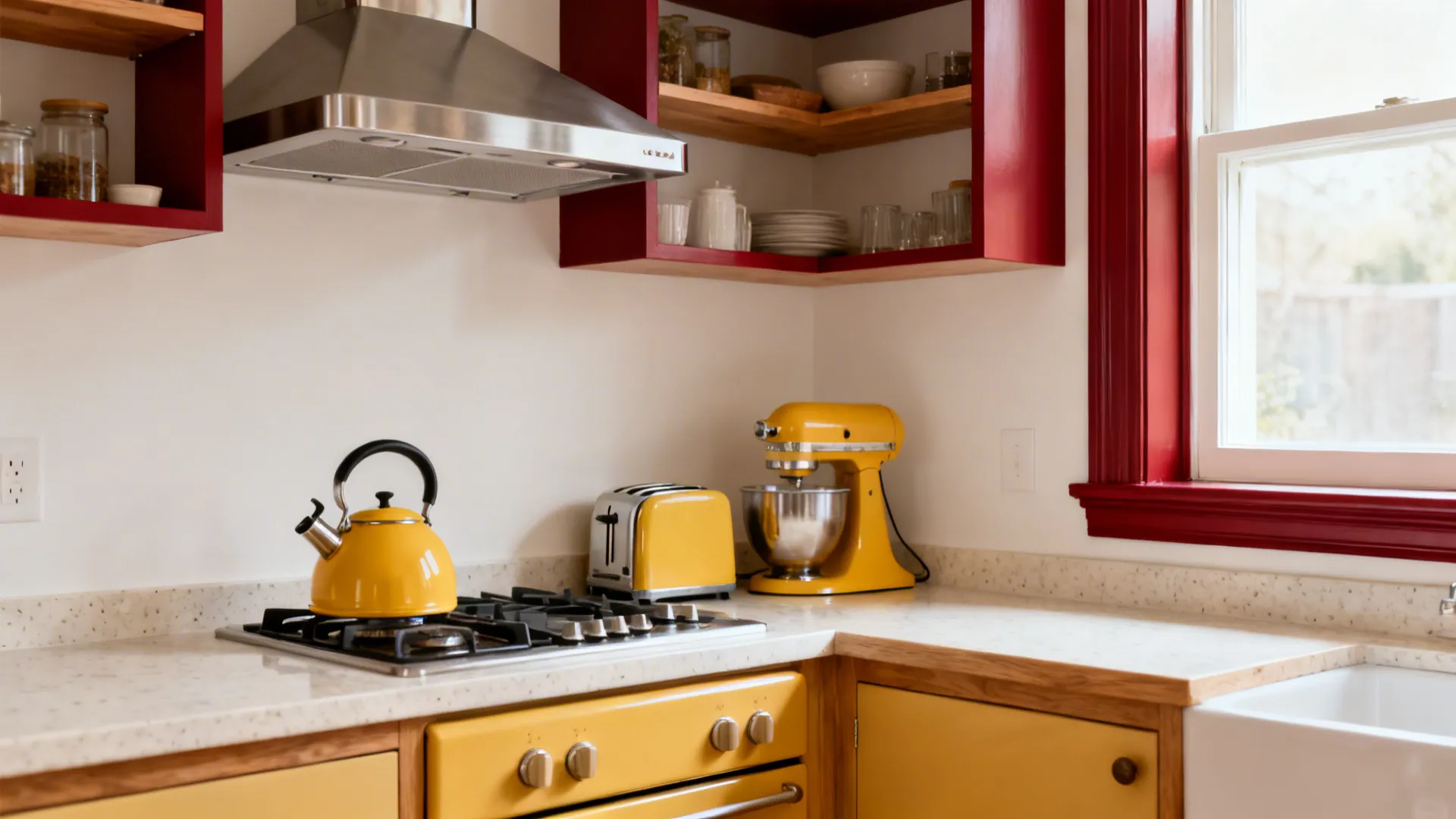Compact kitchen with mustard appliances and cherry-red shelf and window trim against quiet walls.