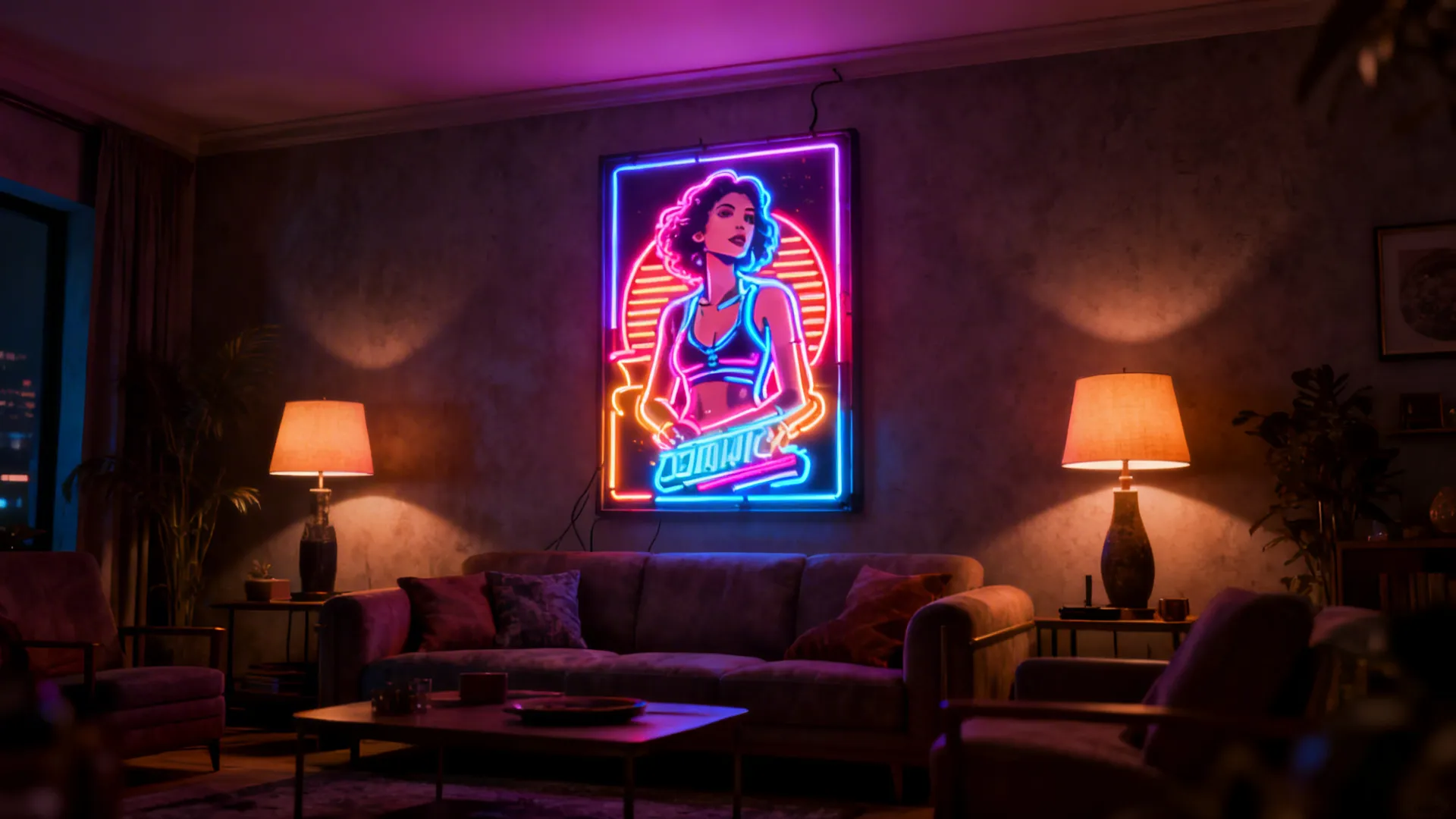 Lounge living room with a glowing retro neon poster and muted décor under low ambient lighting