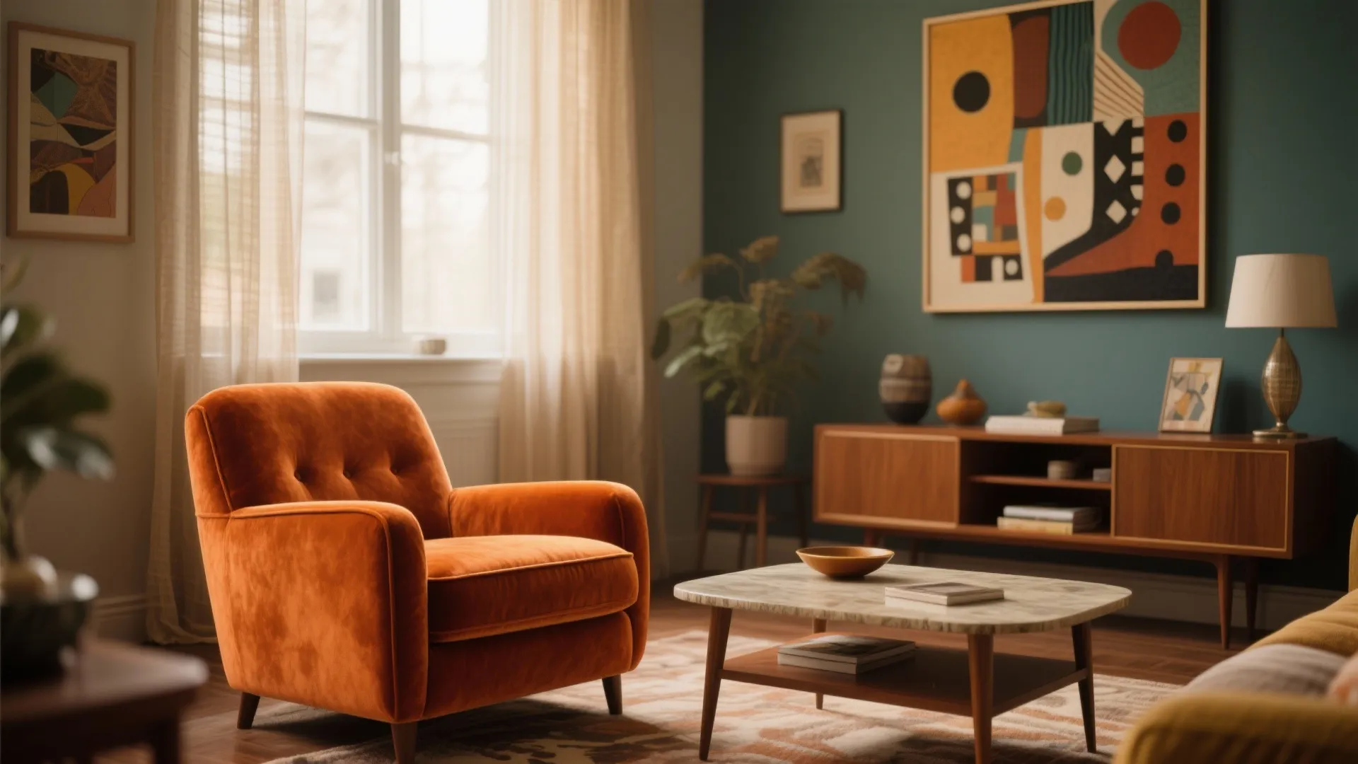 Orange armchair in a living room with green wall wooden cabinet coffee table and artwork