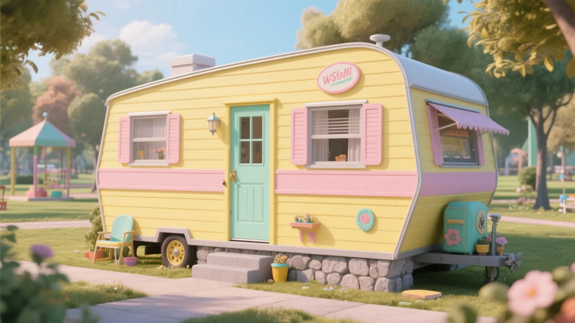 Retro pastel mobile home with mint door and buttery yellow siding balanced by stone base trim.