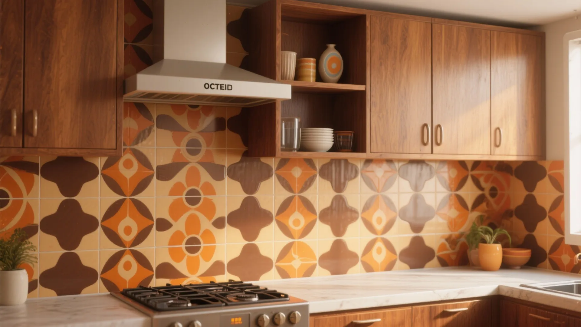 Kitchen interior with retro orange patterned tiles, wooden cabinets, silver range hood, and gas stove