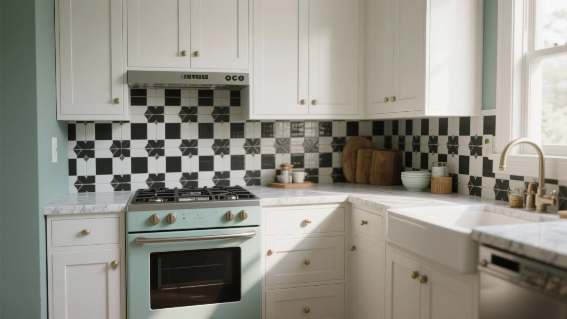 Modern kitchen with white cabinets black and white patterned wall tiles light blue gas stove