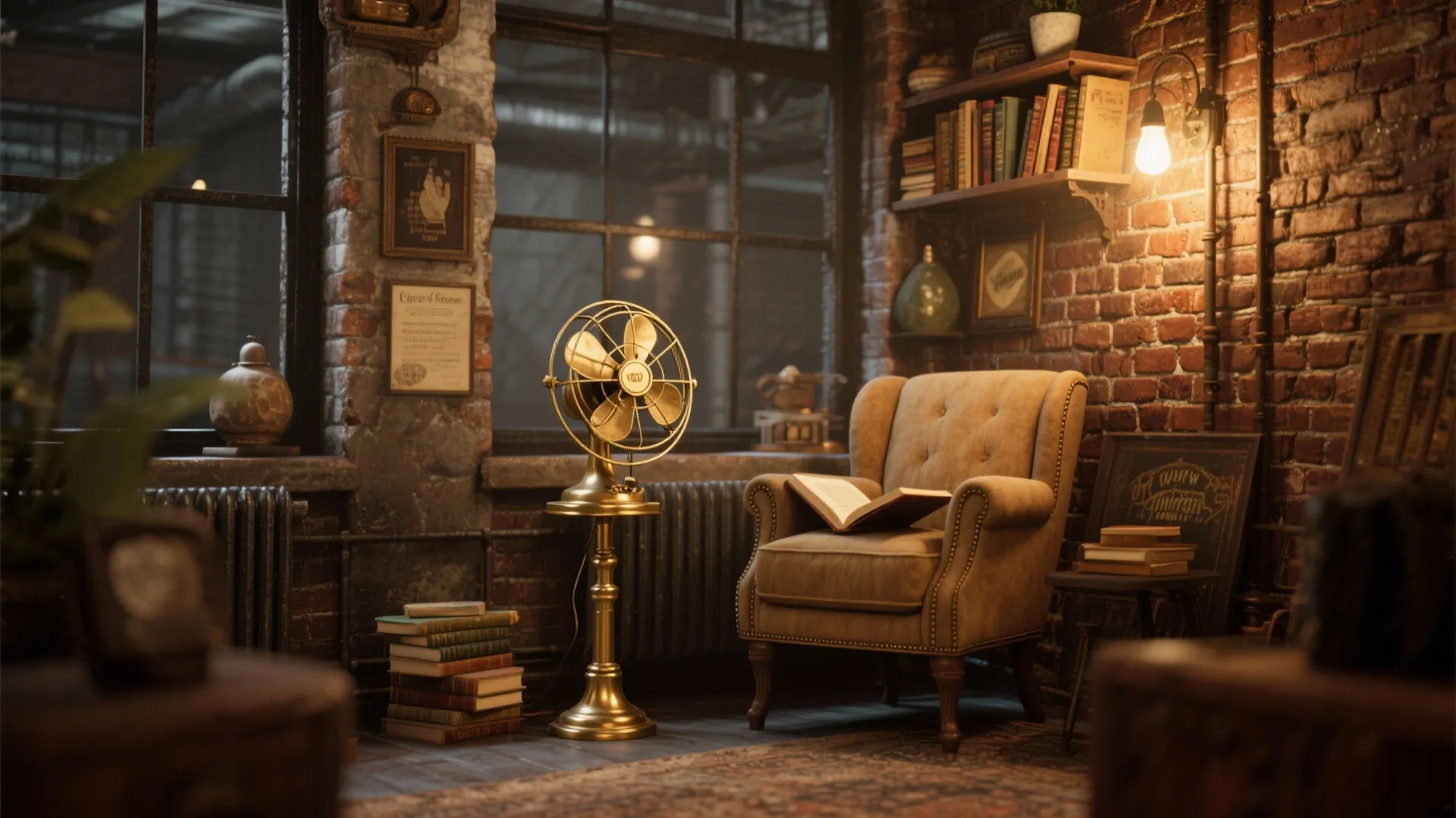 Vintage gold floor fan in industrial room with brick walls leather armchair and wooden bookshelves