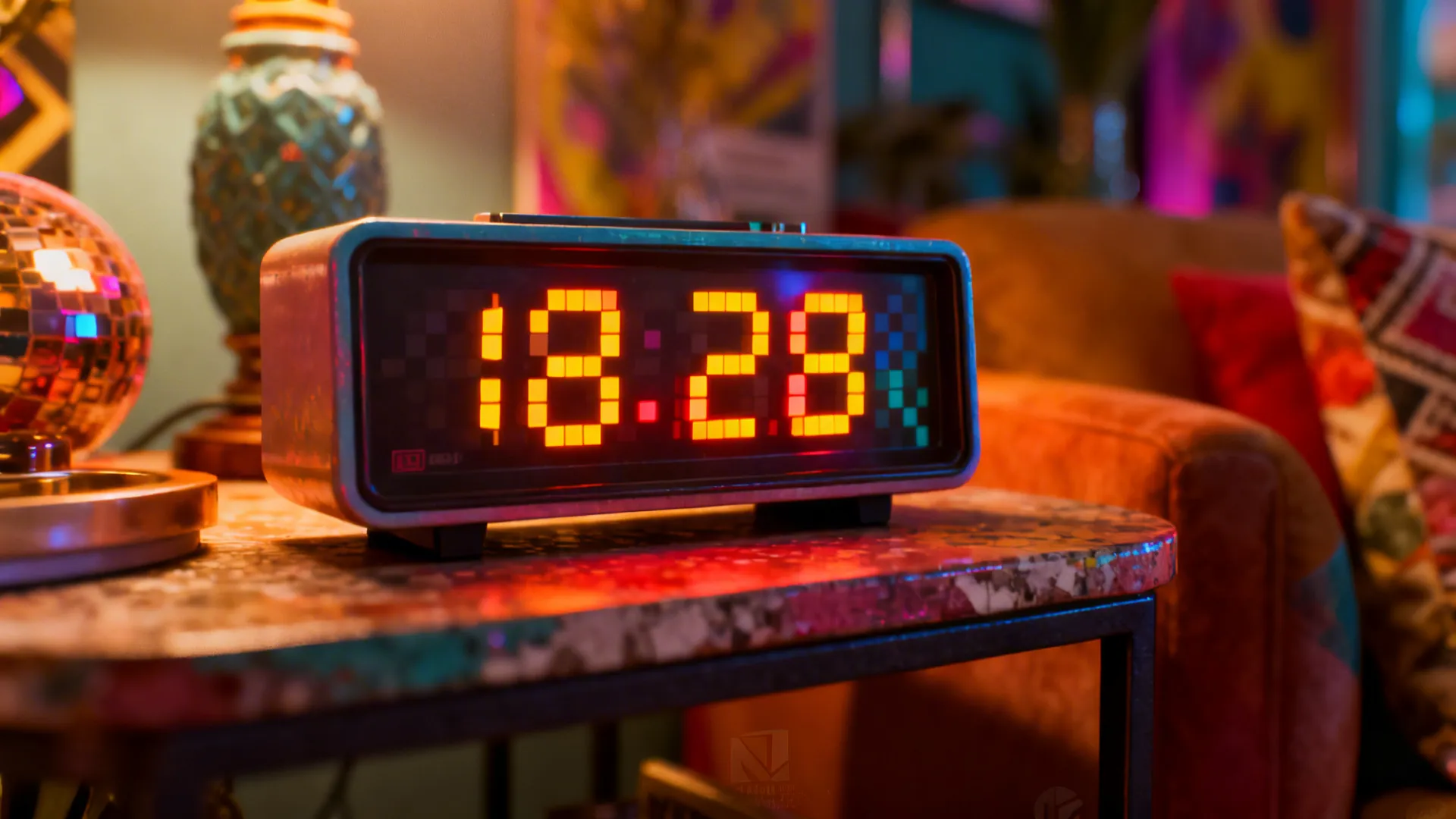 Retro pixel-style digital clock on a side table as a playful conversation piece
