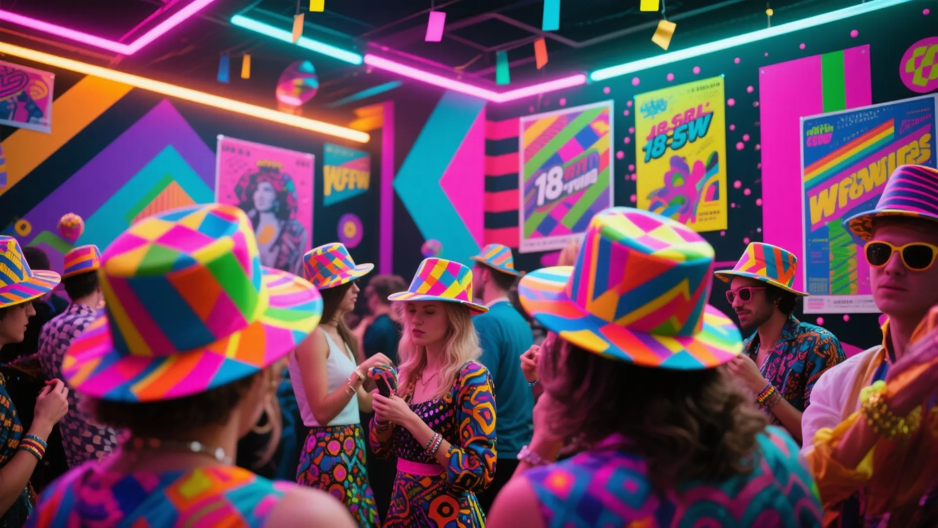 Crowd at a colorful party wearing bright patterned hats and clothes under neon light decorations