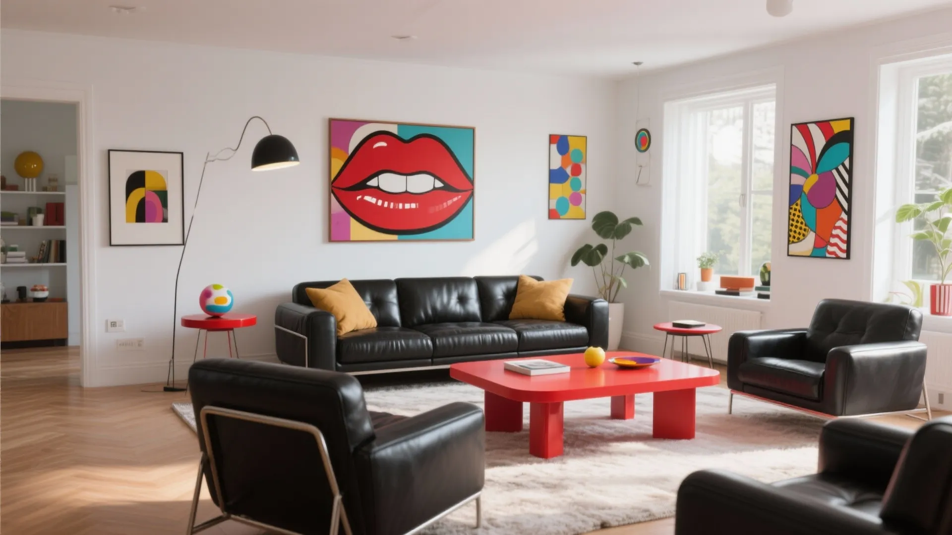 Bright pop art living room with black leather sofa red coffee table and colorful wall art