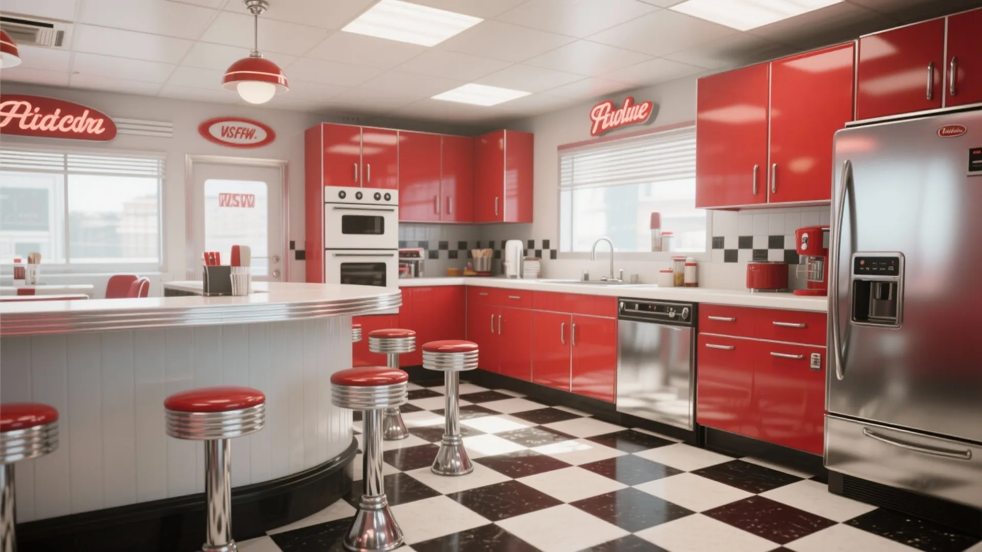 Retro style kitchen with red cabinets black white checkered floor and red and silver stools
