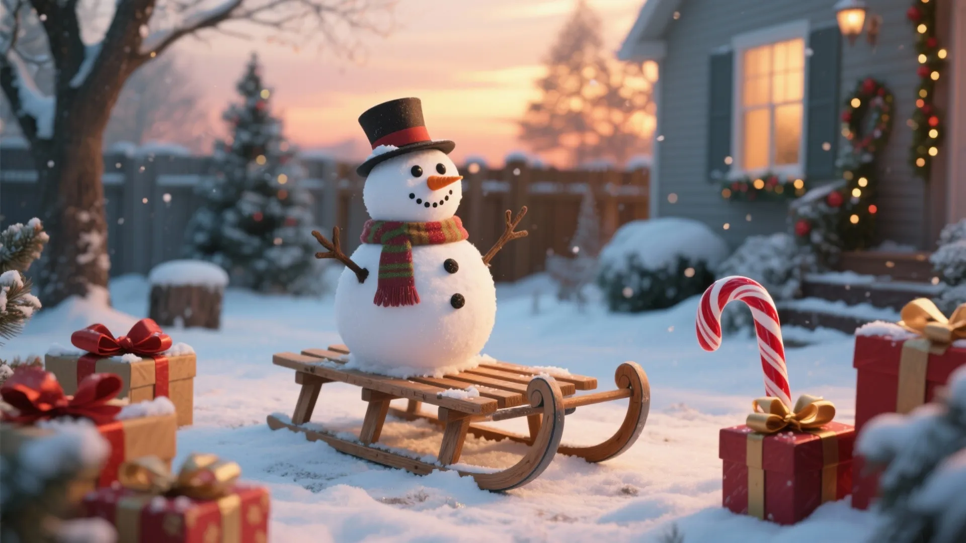 Snowman with a vintage wooden sled, gifts, and candy canes