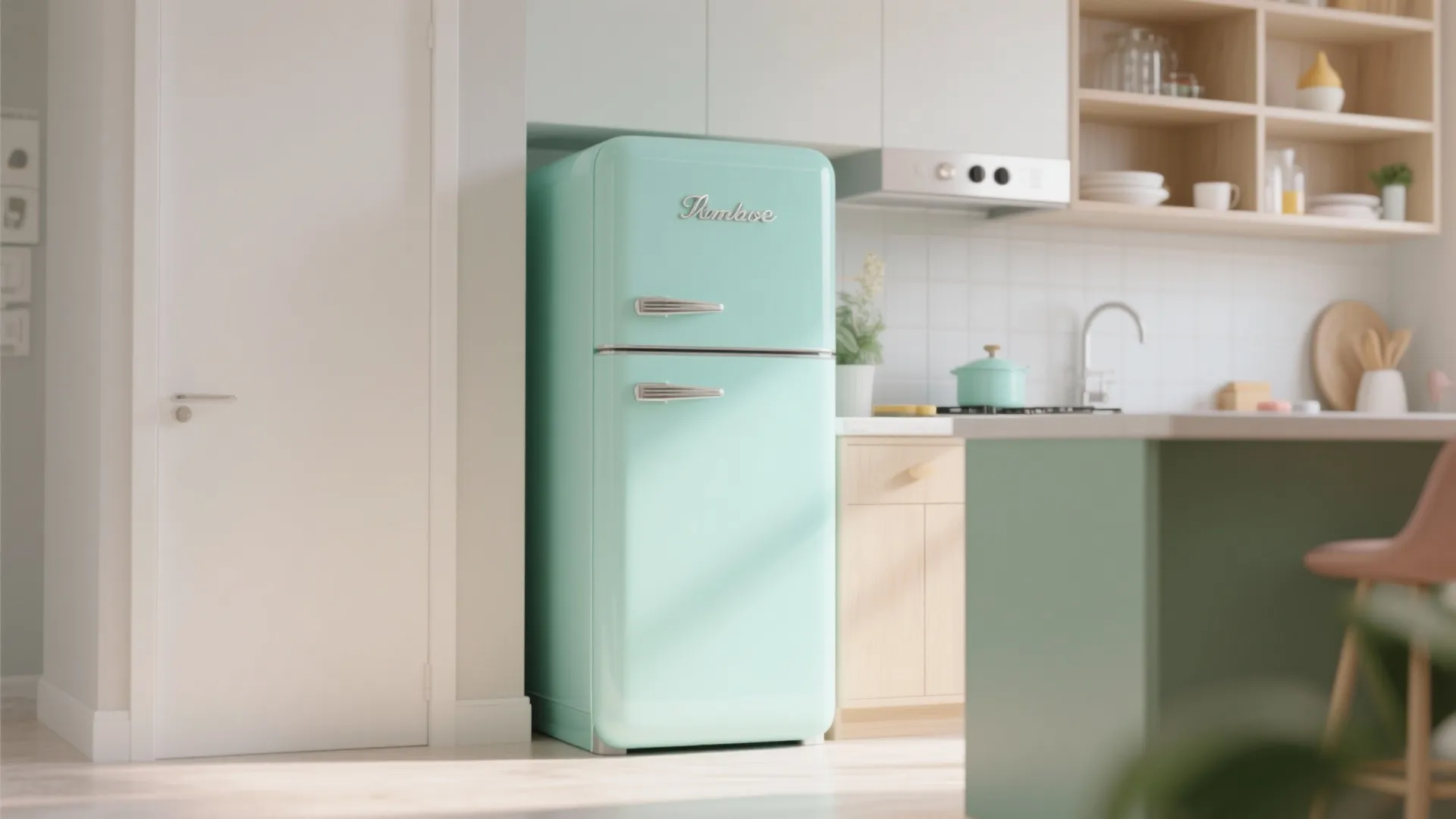 Pastel retro fridge as a statement piece in a neutral kitchen