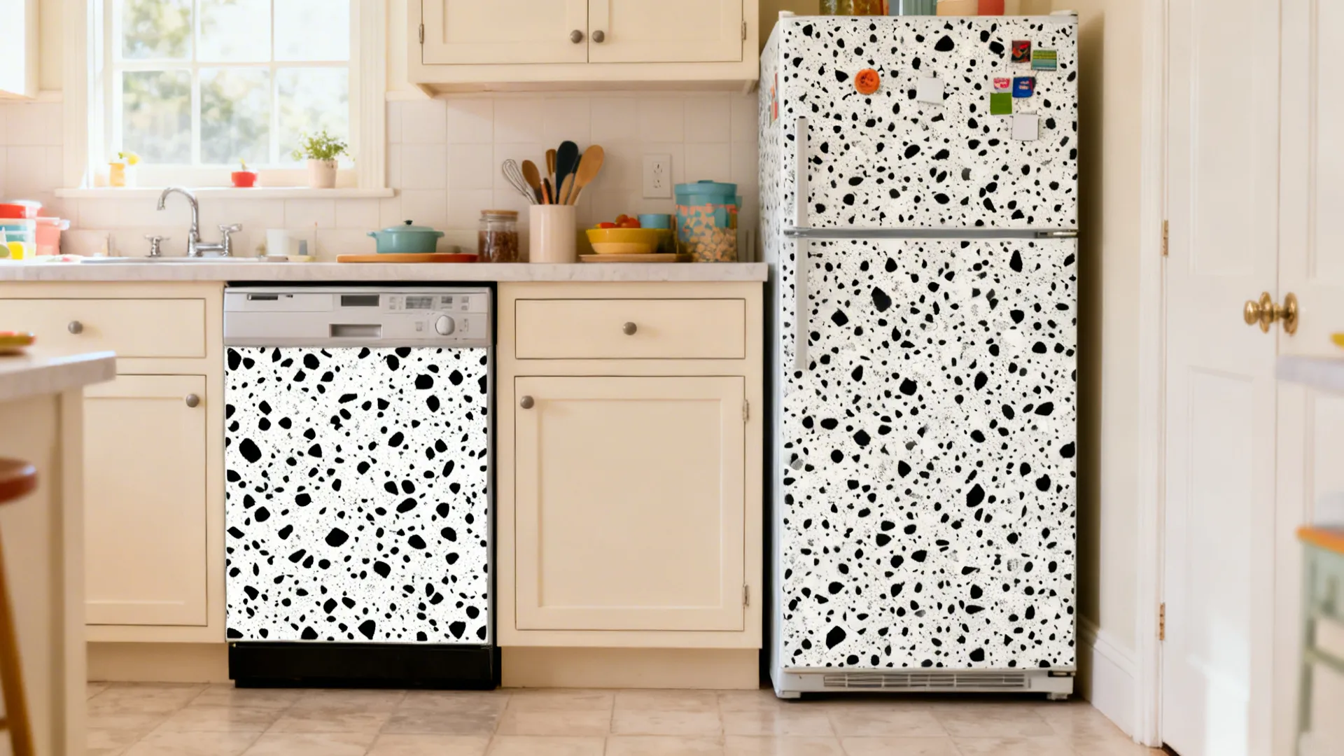 Compact kitchen with black-and-white terrazzo decals on a dishwasher and a patterned magnet wrap on a fridge.