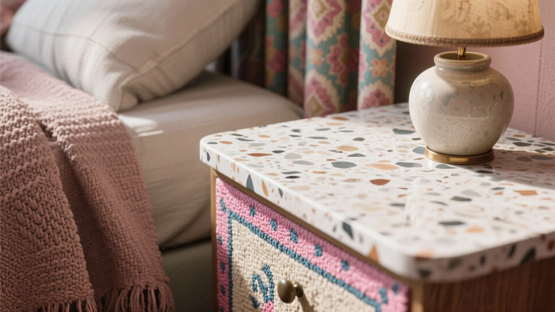 Close up of a patterned side table with stone top, small lamp, and pink blanket