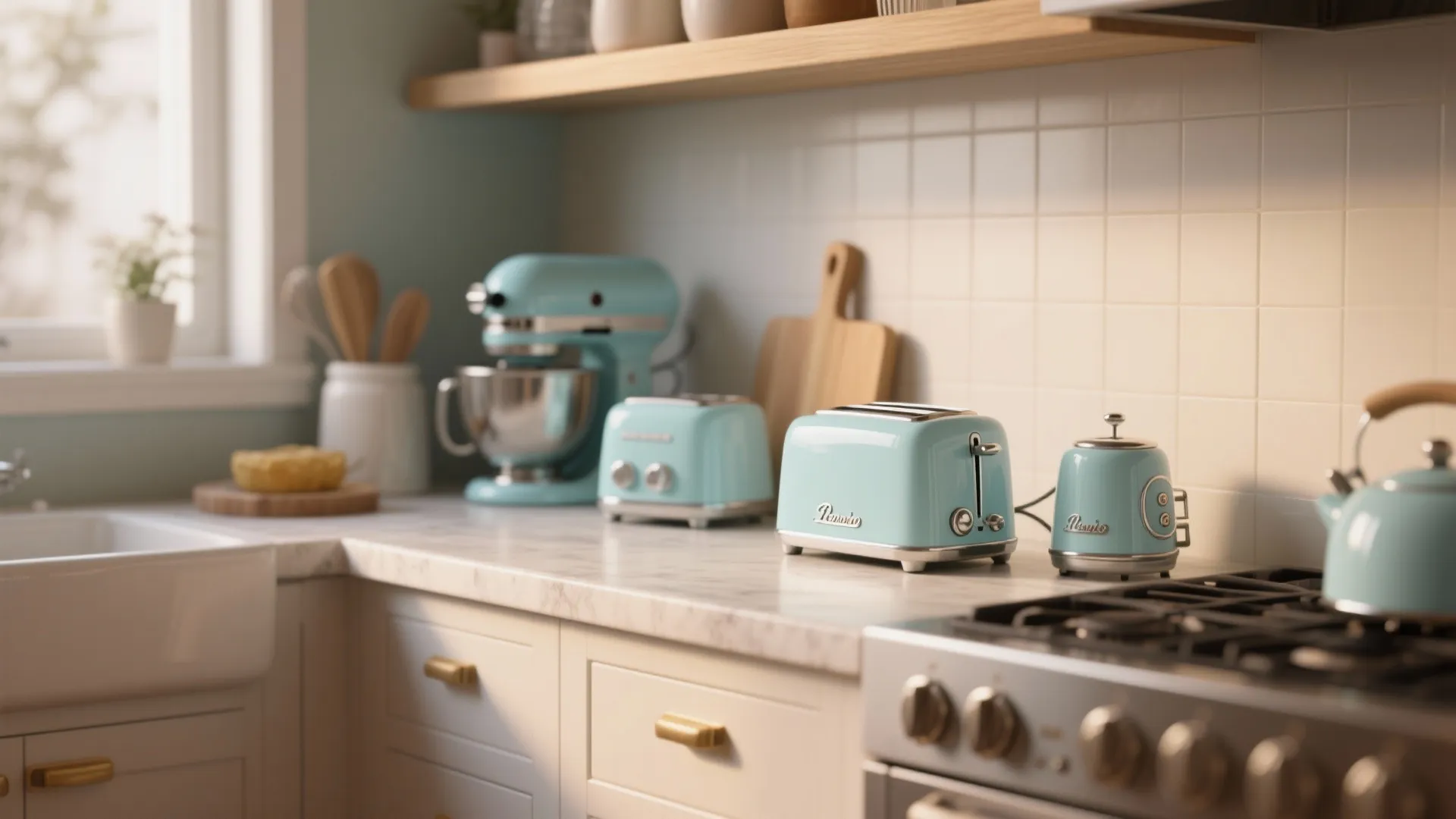 Retro blue toaster and small appliances styled on counter